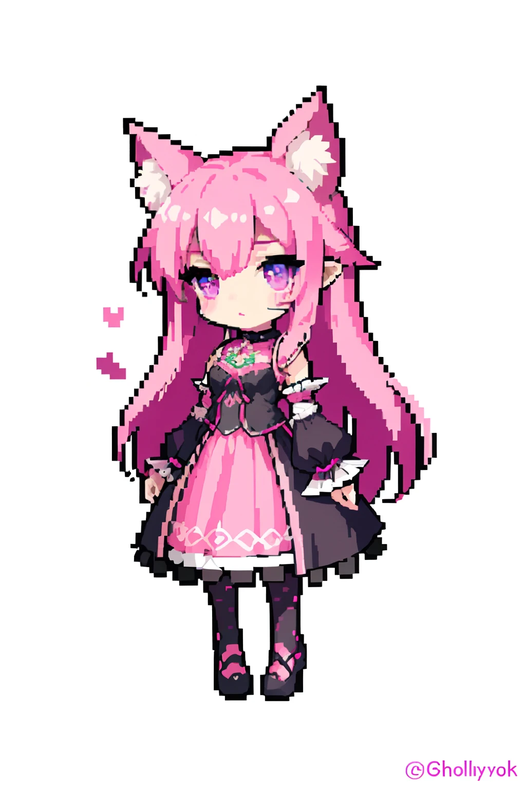 (masterpiece, top quality, best quality), pixel,pixel art,1girl, pink long hair, violet eyes, neko pink ears, red marks in face, sfw, Gothic clothing, black clothes with ornaments, full body, pink cat ears