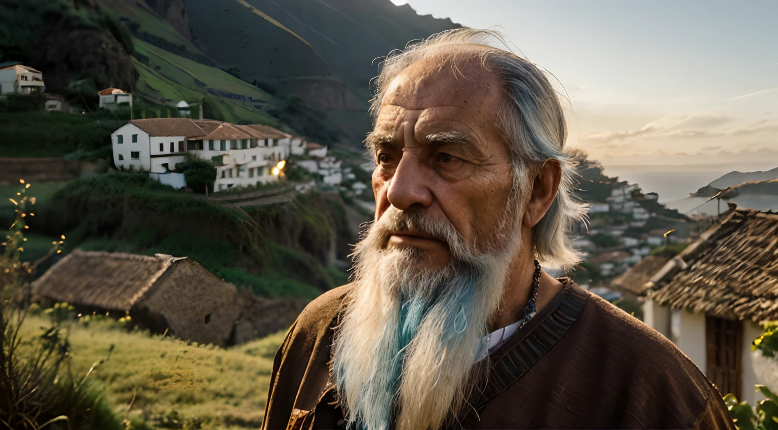 (((1 wise elder, old man, Traje de eremita (((azul claro))), cabelos brancos, barba branca, olhar profundo))), (((monge))), sentado conversando com um homem, (((1 Homem adulto, 30 anos, traje de uma aldeia rural, cabelos escuros, barba escura, olhar angustiado))), (((eremita))), The sunset casts a golden light over the picturesque village, destacando as casas de madeira e a paisagem rural circundante. The air is calm and serene, Creating a climate of expectation and hope