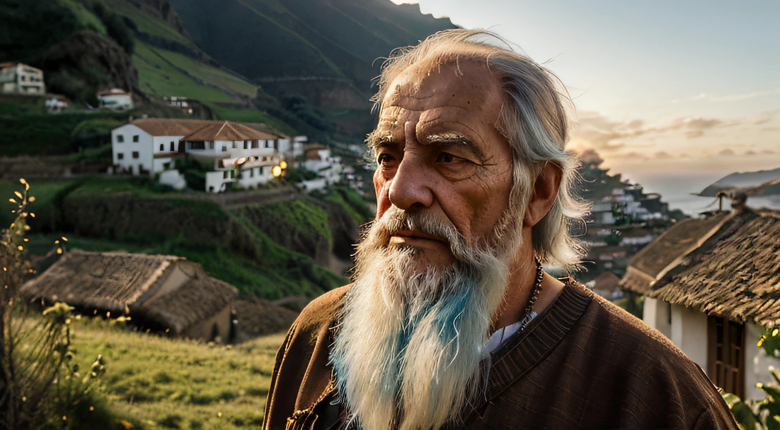 (((1 wise elder, old man, Traje de eremita (((azul claro))), cabelos brancos, barba branca, olhar profundo))), (((monge))), sentado conversando com um homem, (((1 Homem adulto, 30 anos, traje de uma aldeia rural, cabelos escuros, barba escura, olhar angustiado))), (((eremita))), The sunset casts a golden light over the picturesque village, destacando as casas de madeira e a paisagem rural circundante. The air is calm and serene, Creating a climate of expectation and hope