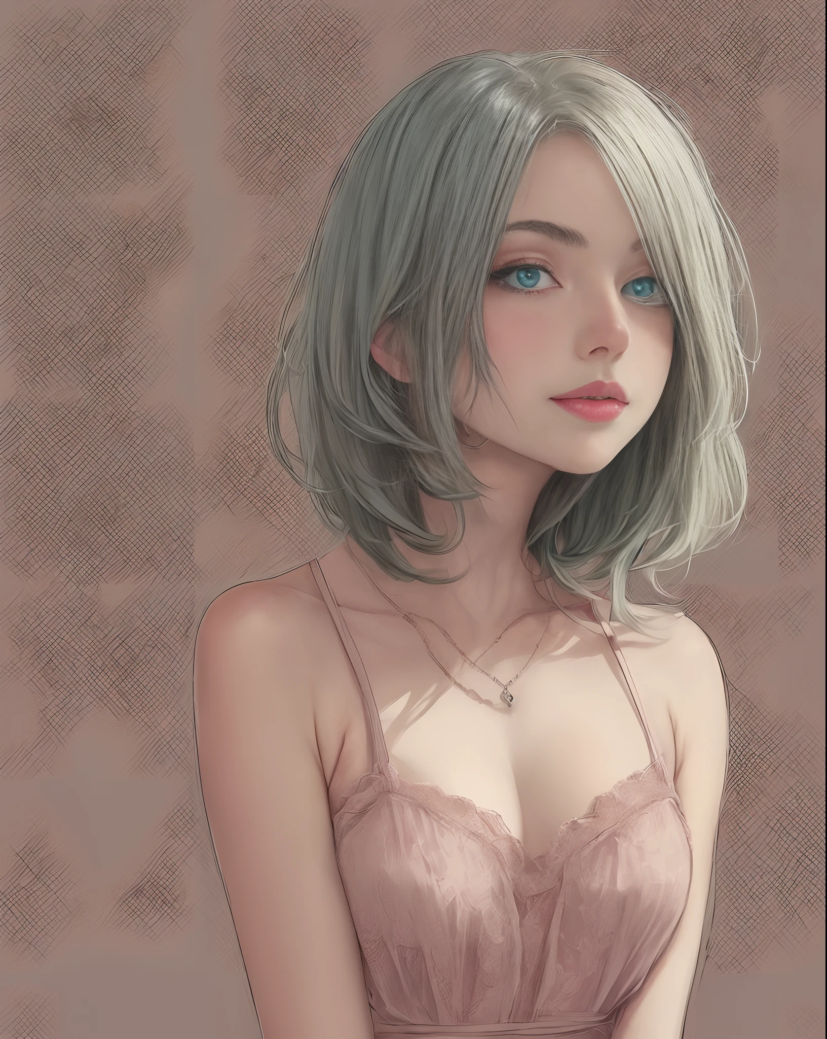 portrait of a beautiful girl, (blush: 1.3, blush stickers), sketch, illustration, beautiful, green eyes, short gray hair, leaning back, knee shot, eye level photo, giant chest, focus chest,,standing