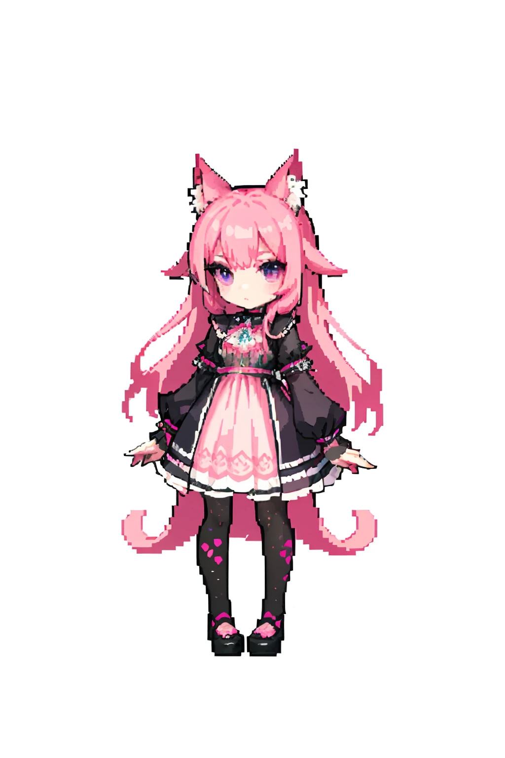 (masterpiece, top quality, best quality), pixel,pixel art,1girl, pink long hair, violet eyes, neko pink ears, red marks in face, sfw, Gothic clothing, black clothes with ornaments, full body, pink cat ears
