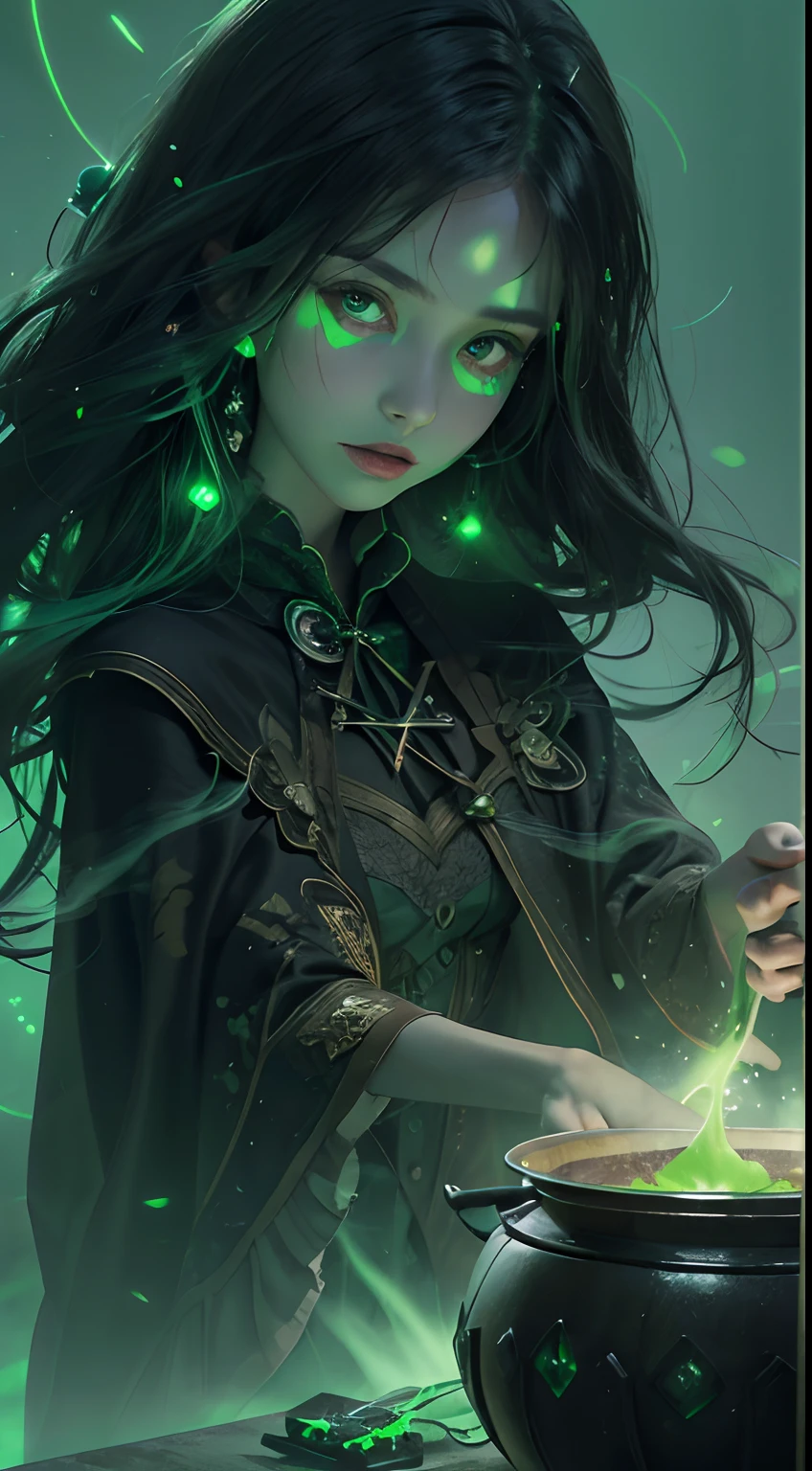 1 beautiful witch, intricate and beautiful design, black hair, highly detailed face, triangular face, natural makeup, green eyes, shiny lips, (making poison with cauldron and green smoke, green lights, green glowing particles, green spacial effects, at night), clean ukulele foggy, shadowy, eerie, dark, dramatic lighting, cinematic lighting, ultra-realistic, highest quality, super detail