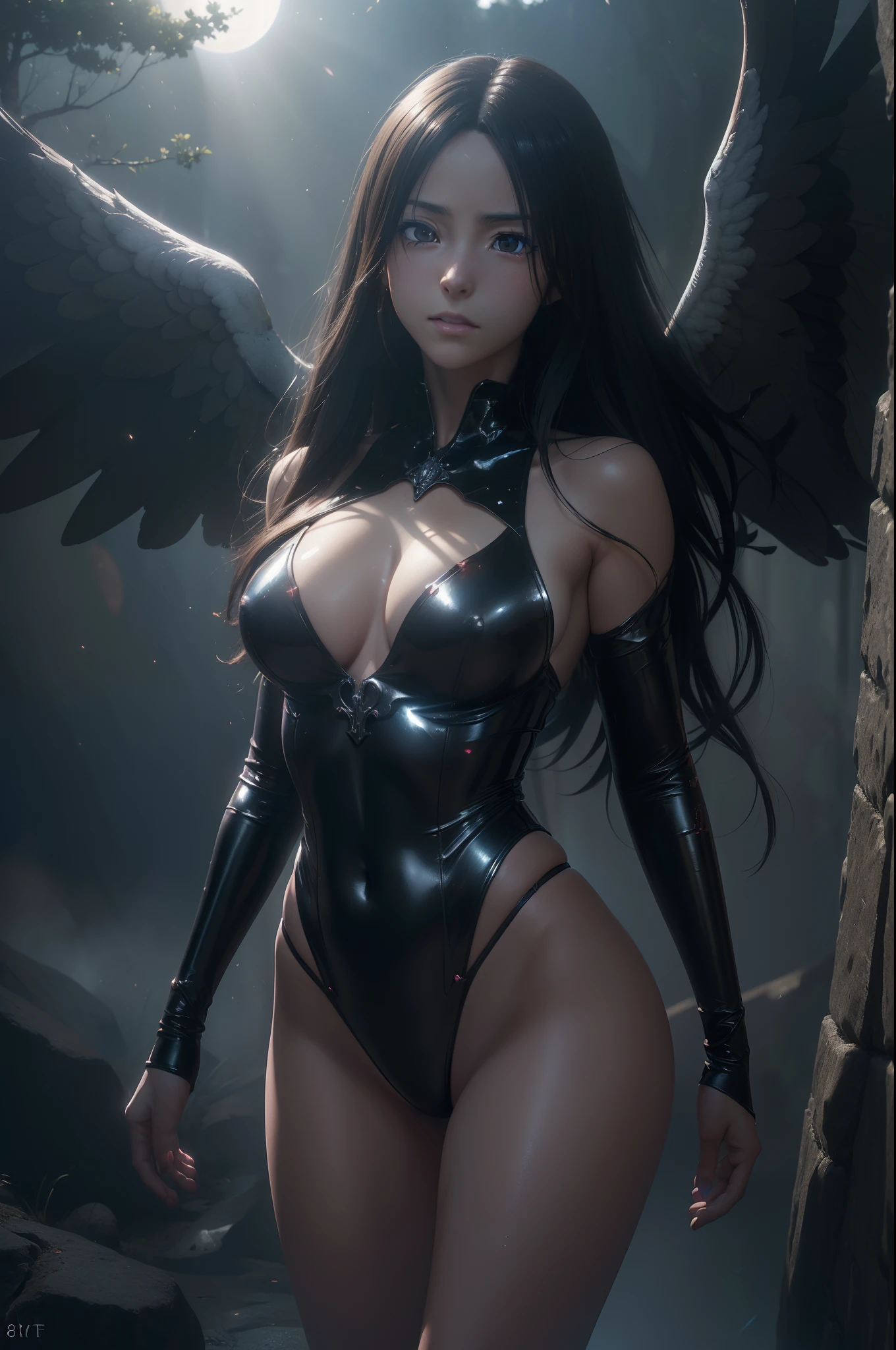 (((nffsw))), (((masutepiece))), (((8K))), (((hight resolution))), (((surrealism))), (((Cinematic lighting))), god rays, Zoom Layer, (((FULL BODYSHOT))), F/4.0, canon, Shiny skin,Detailed skin,Detailed face, Detailed eyes, Beautiful Fallen Angel in Darkness、moonlight、Bewitching figure、Mysterious look、Fog around