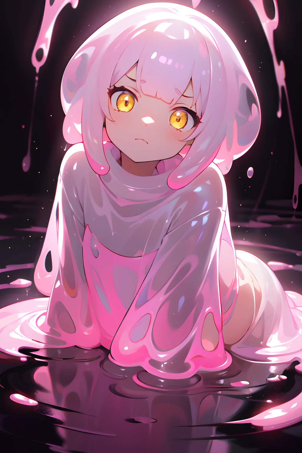 1girl, solo, slime substance, pink slime, puddle, neutral, inexpressive, cold, closed mouth, serious, yellow eyes, glowing eyes, transparent background, white background, masterpiece, best quality, 8k