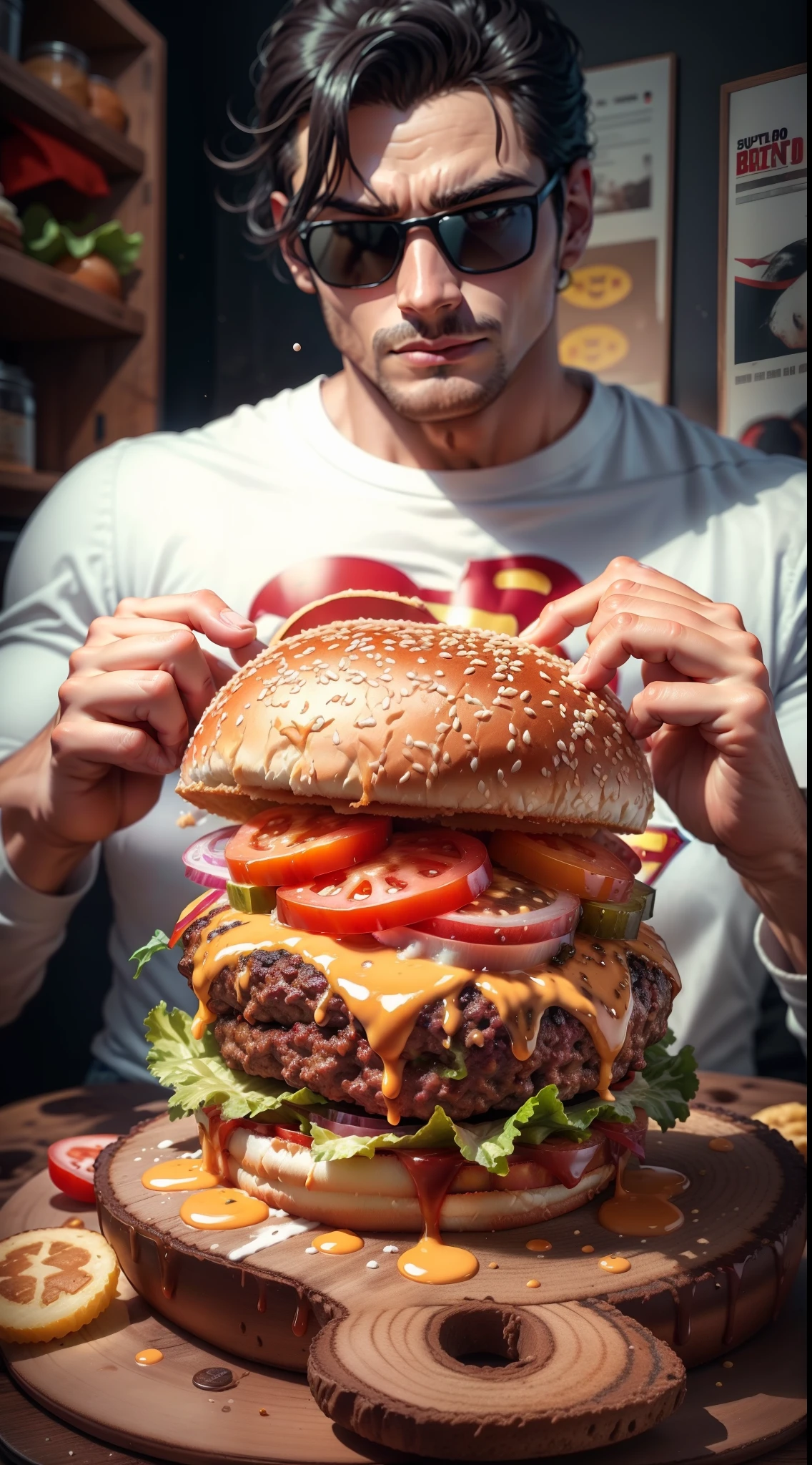 A very cute burger, muito gostoso, With the Superman symbol, fundo branco