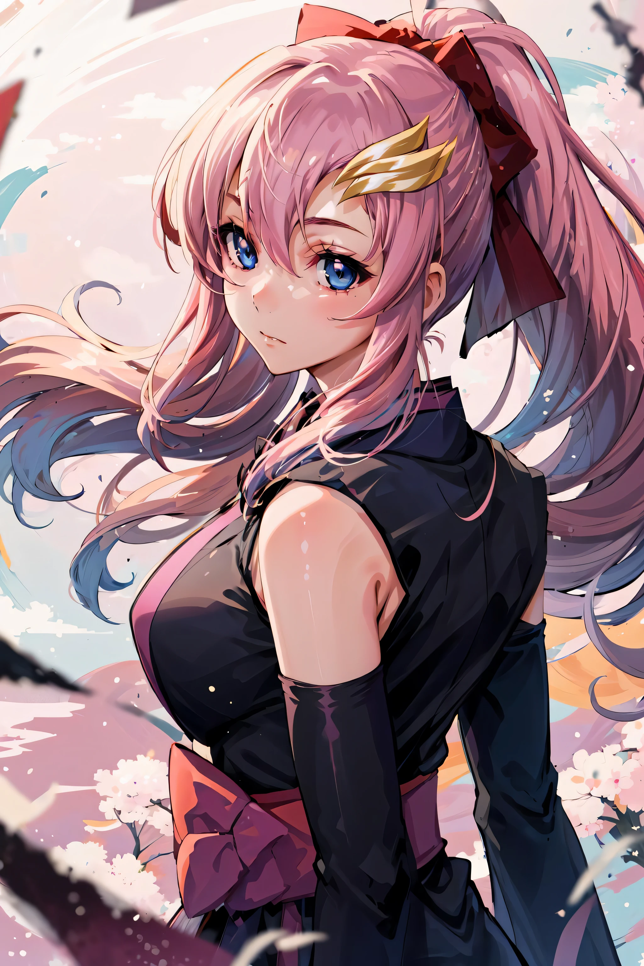 masterpiece,best quality,1girl,lacus clyne,lacus3,pink hair,short kimono,blue eyes,hair ornament,very long hair,black sleeves,sleeveless,japanese clothes,black kimono,hair bow,ponytail,floating hair,hair between eyes,large breasts,serious,