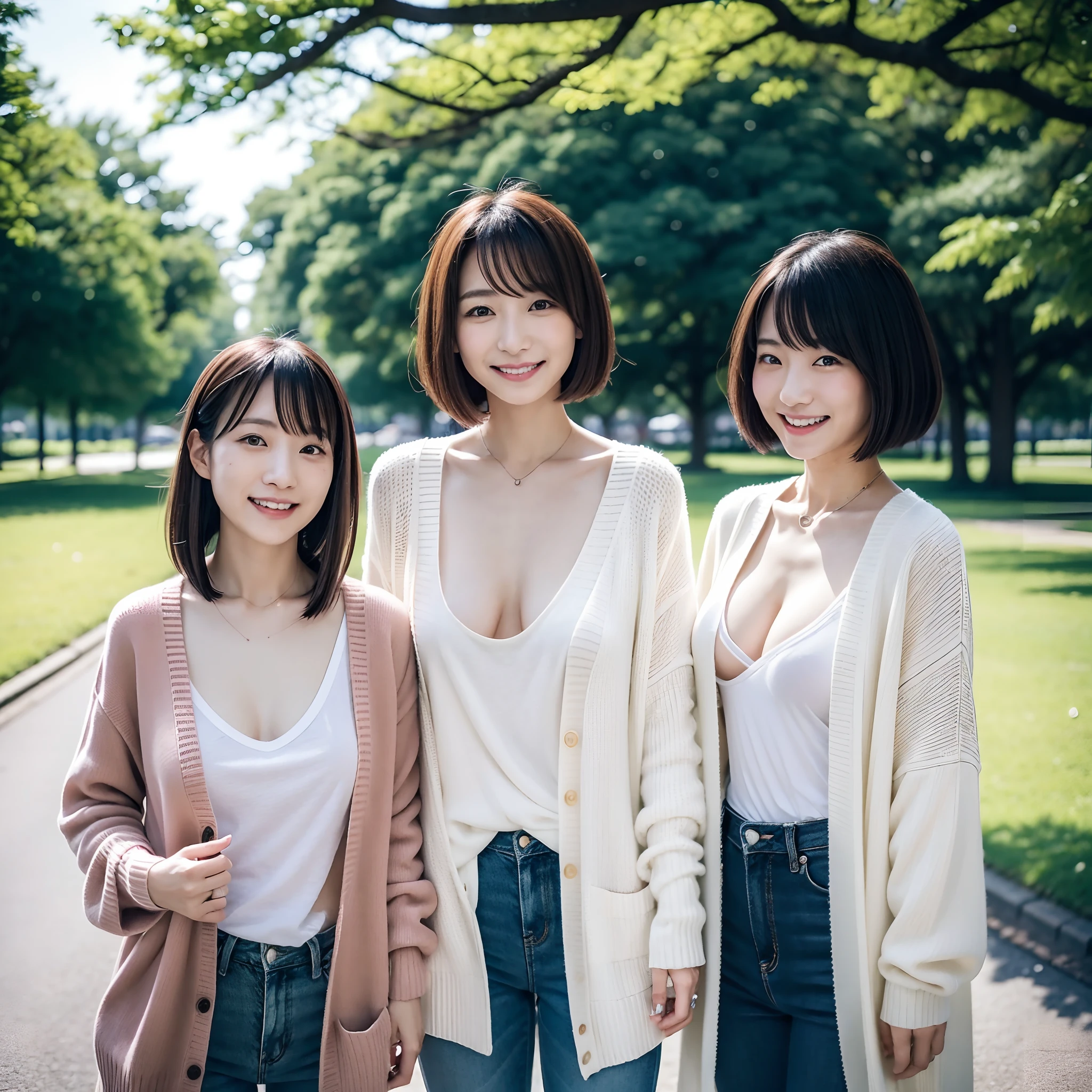 Two Japan women in a park with a beautiful view of the Japan、27 year old small breast woman with loose fluffy long bob hair、One is a 31-year-old woman with small breasts and a long bob....The two are having fun、small tits、Small、discreet breasts、Naked and wearing a cardigan、street snap、Adult personal clothes、Looking here、