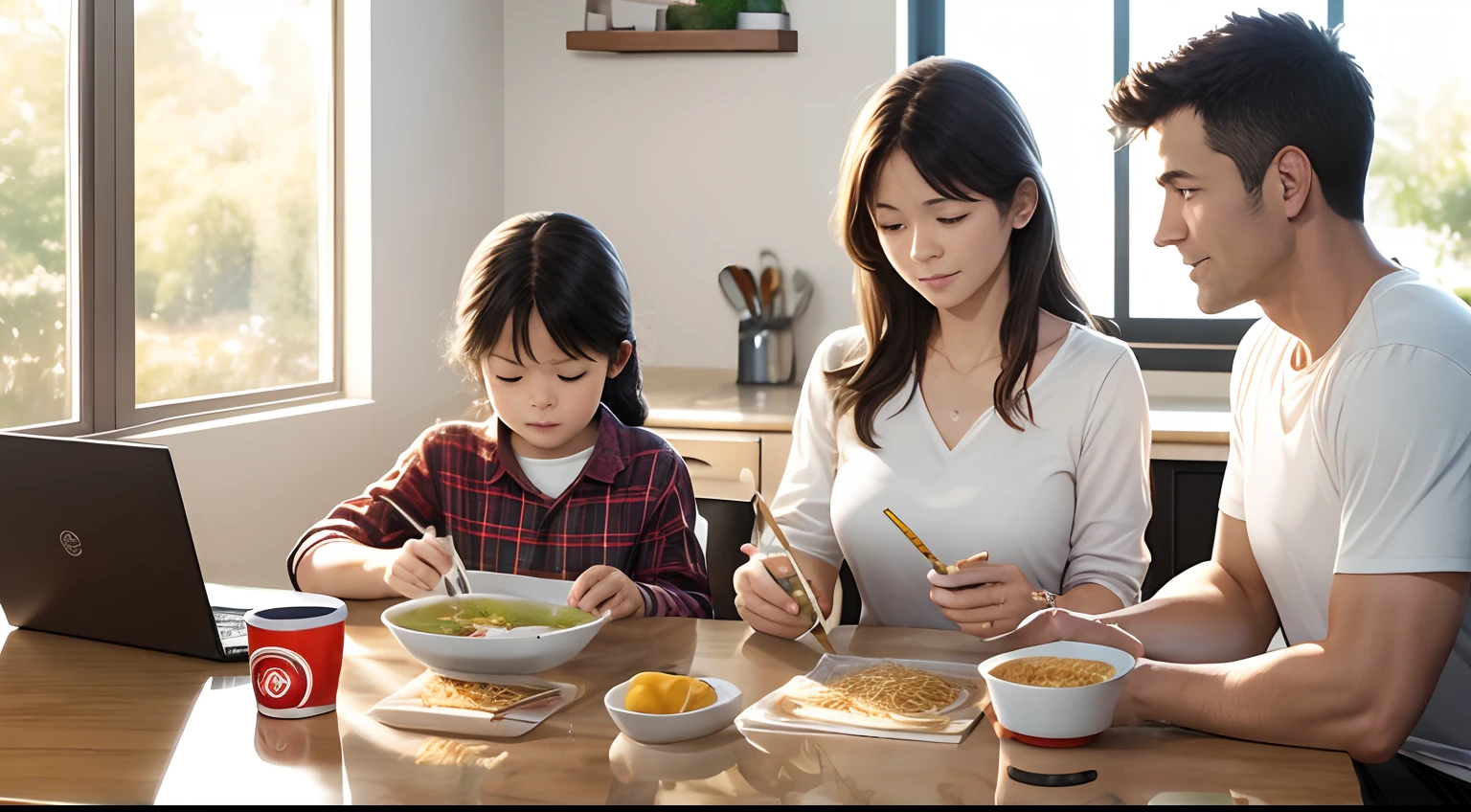 photorealistic,busy white american family,enjoying instant noodles,quick lunch break,home,kids doing online schooling,background