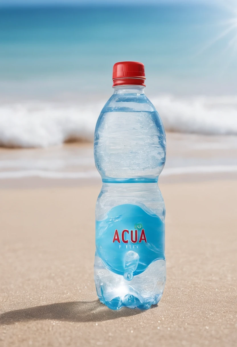 Bottle of water with the brand Acqua Piú on a beach