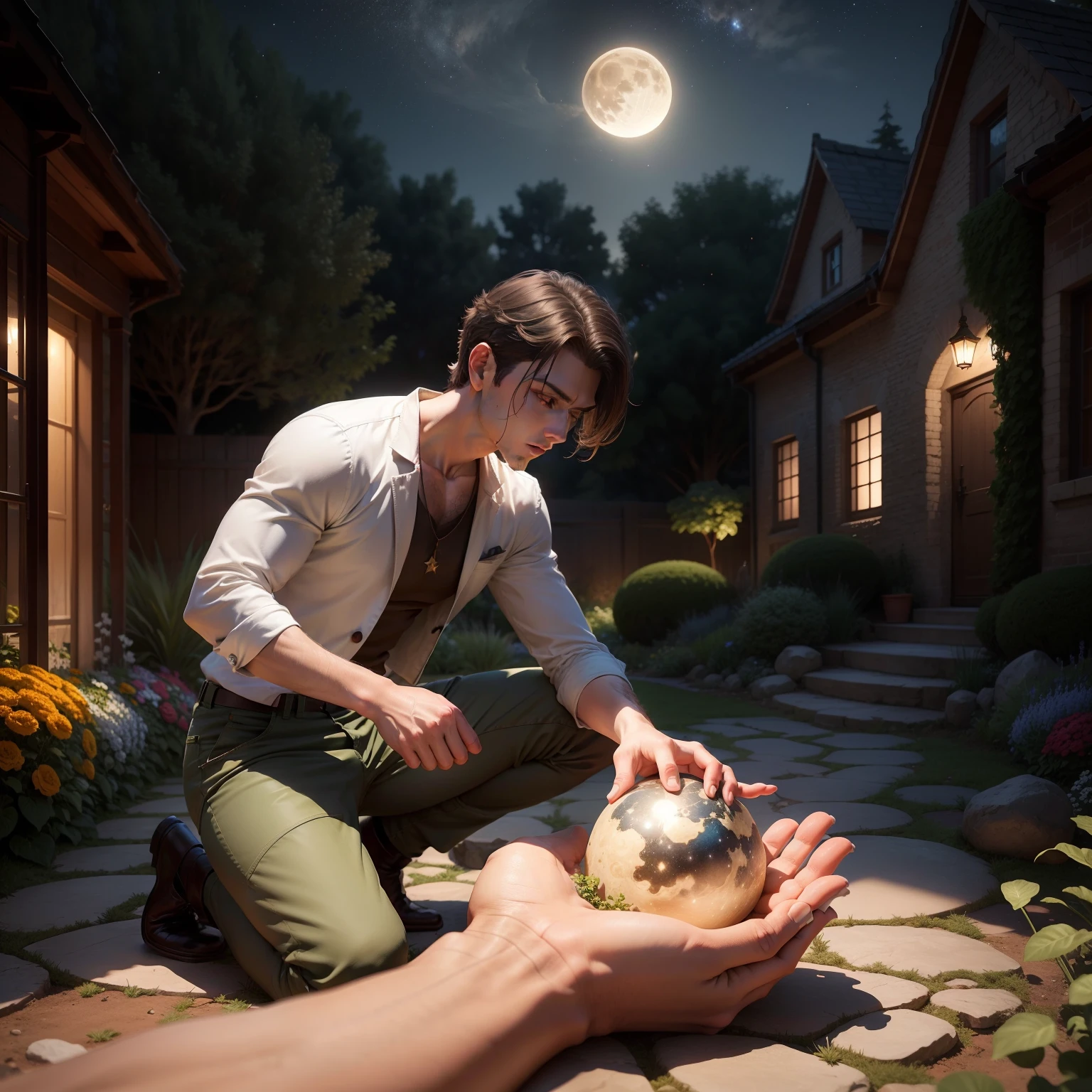 Adam being created from the earth by one hand, and a garden in the background with a sky with a mixture of stars to moon and sun in a very realistic way
