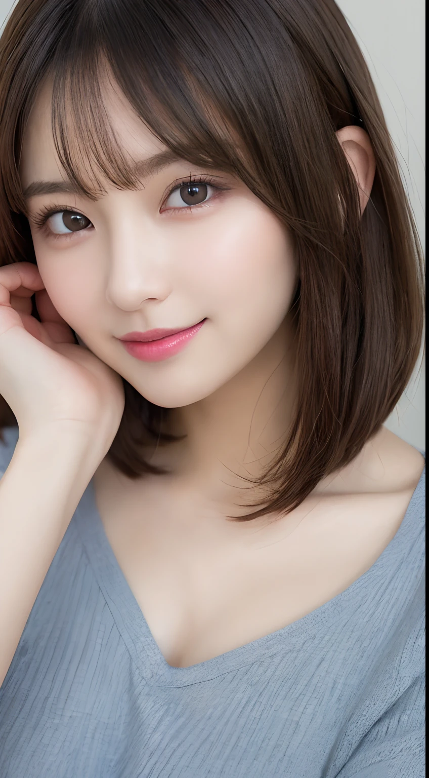 8K highest image quality)、(beautiful)、Accurate Eyes、Fine skin、22-year-old female、Brown eyes、Brown Hair、looking at the camera、naked、Semi-short hair、Smile、bangs、Full view of 、Close-up、