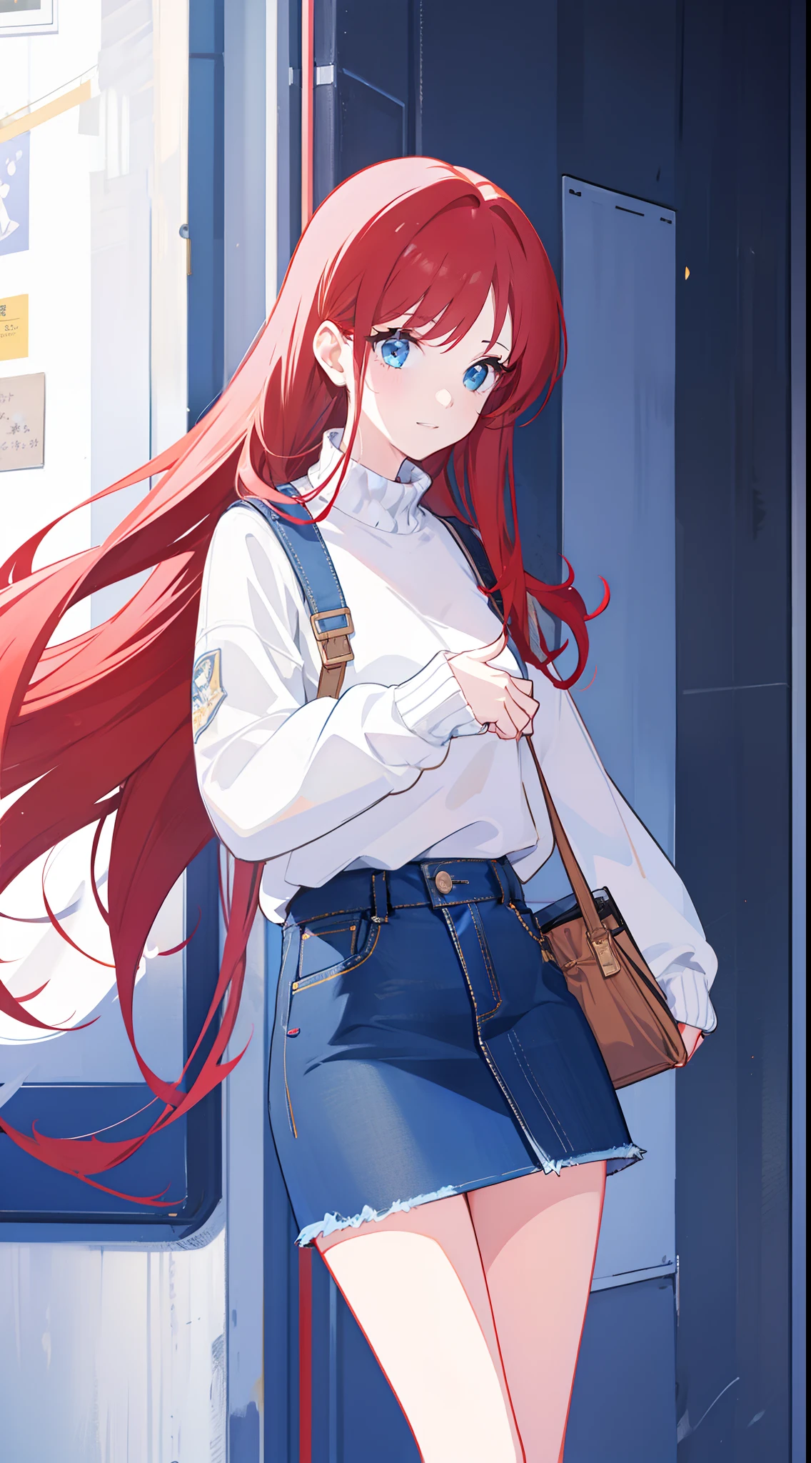 1girl, blue denim skirt, white sweater, red hair, long hair, Saying goodbye with your hands, masterpiece, best quality, highly detailed
