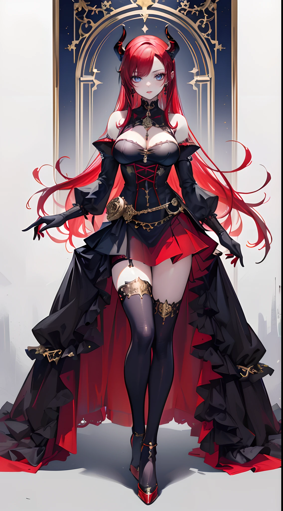 (master part),(Melhor Detalhado),(uma mulher adulta,Olhos bonitos, red lips),(red hair,olhos azuis),(Demon,Chifres),(Gothic dress detailed with gold,Detailed Gothic skirt with gold),(High Gothic Jump),(detailed gothic gloves),(vivid colors),(melhor corpo),(medium breasts),(Detailed Gothic dress,detailed gothic skirt),(Noite),(Castelo da Rainha)