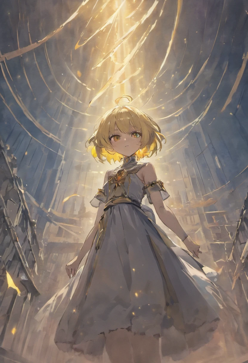 white hair, blunt bangs, short hair, yellow eyes, anime, anime style, chiaroscuro, UHD, anatomically correct, textured skin, high details, super detail, best quality, high quality，Gorgeous long black dress（Gothololita style），Sword of golden flame，Blood on the ground，Skysky，​​clouds，fog atmosphere