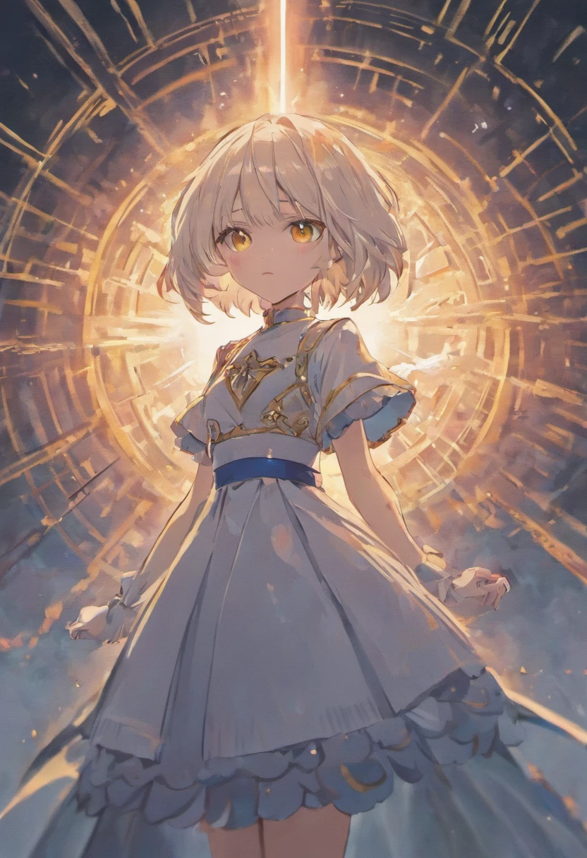 white hair, blunt bangs, short hair, yellow eyes, anime, anime style, chiaroscuro, UHD, anatomically correct, textured skin, high details, super detail, best quality, high quality，Gorgeous long black dress（Gothololita style），Sword of golden flame，Blood on the ground，Skysky，​​clouds，fog atmosphere