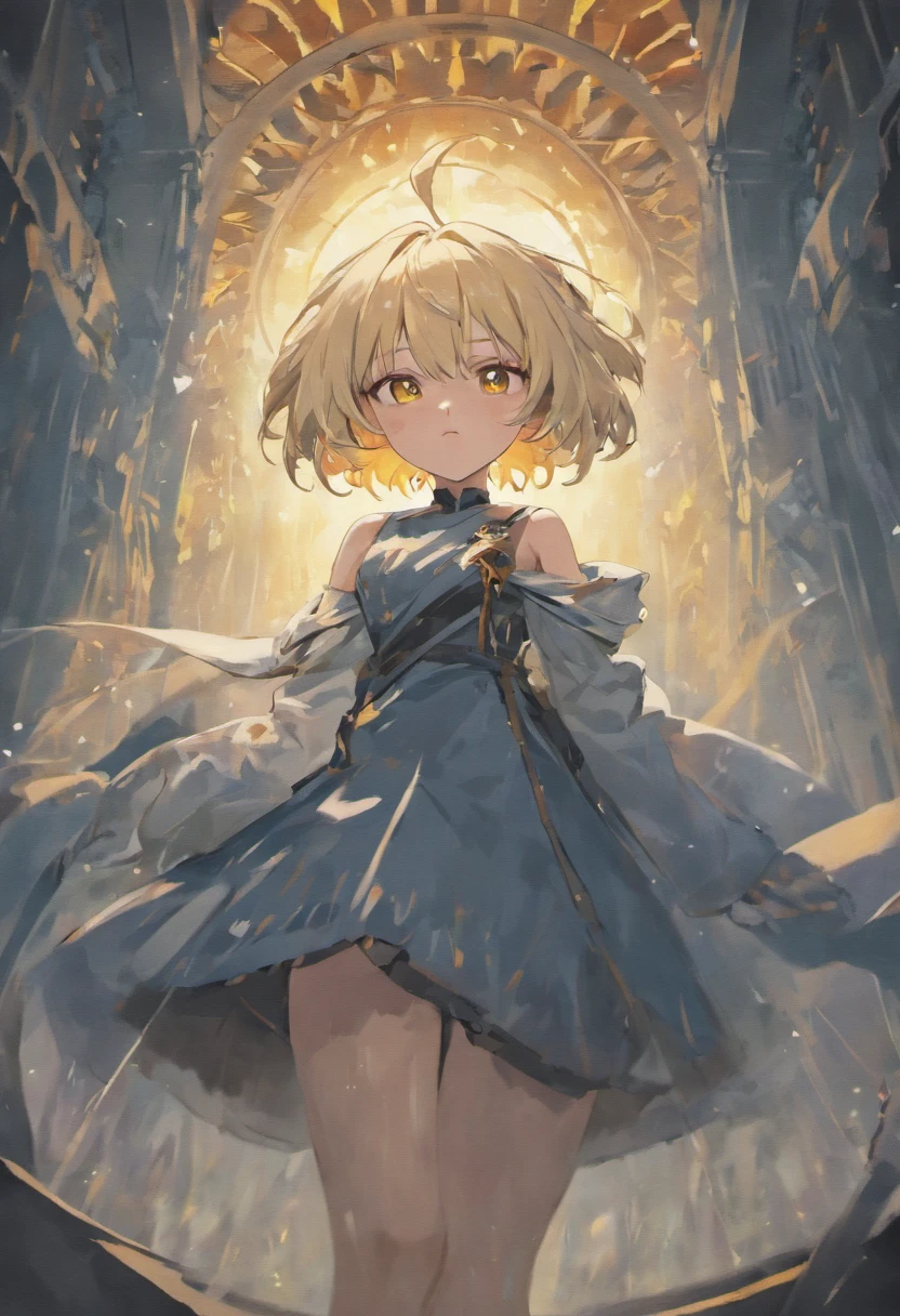 white hair, blunt bangs, short hair, yellow eyes, anime, anime style, chiaroscuro, UHD, anatomically correct, textured skin, high details, super detail, best quality, high quality，Gorgeous long black dress（Gothololita style），Sword of golden flame，Blood on the ground，Skysky，​​clouds，fog atmosphere