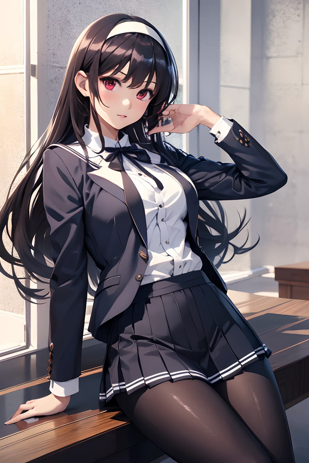 masterpiece, best quality, highres, kasumigaoka utaha, 1girl, solo, tuxedo , long hair, black white pants , butler formal , black hair, hairband, red eyes, pleated skirt, long legs, white hairband, breasts, serafuku pants , bangs, jacket, large breasts,