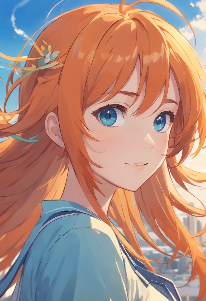 Orange hair, blue eyes, cheerful, idol, girl, side ponytail