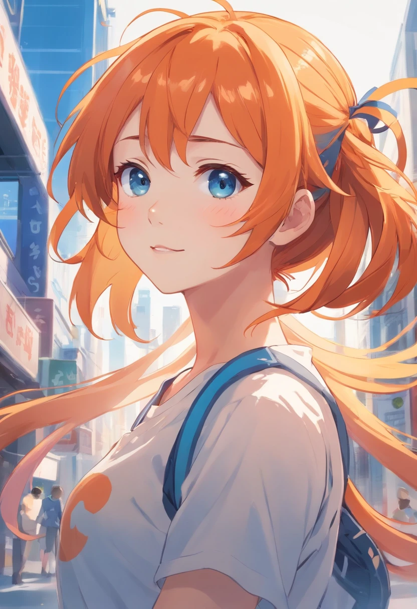 Orange hair, blue eyes, cheerful, idol, girl, side ponytail