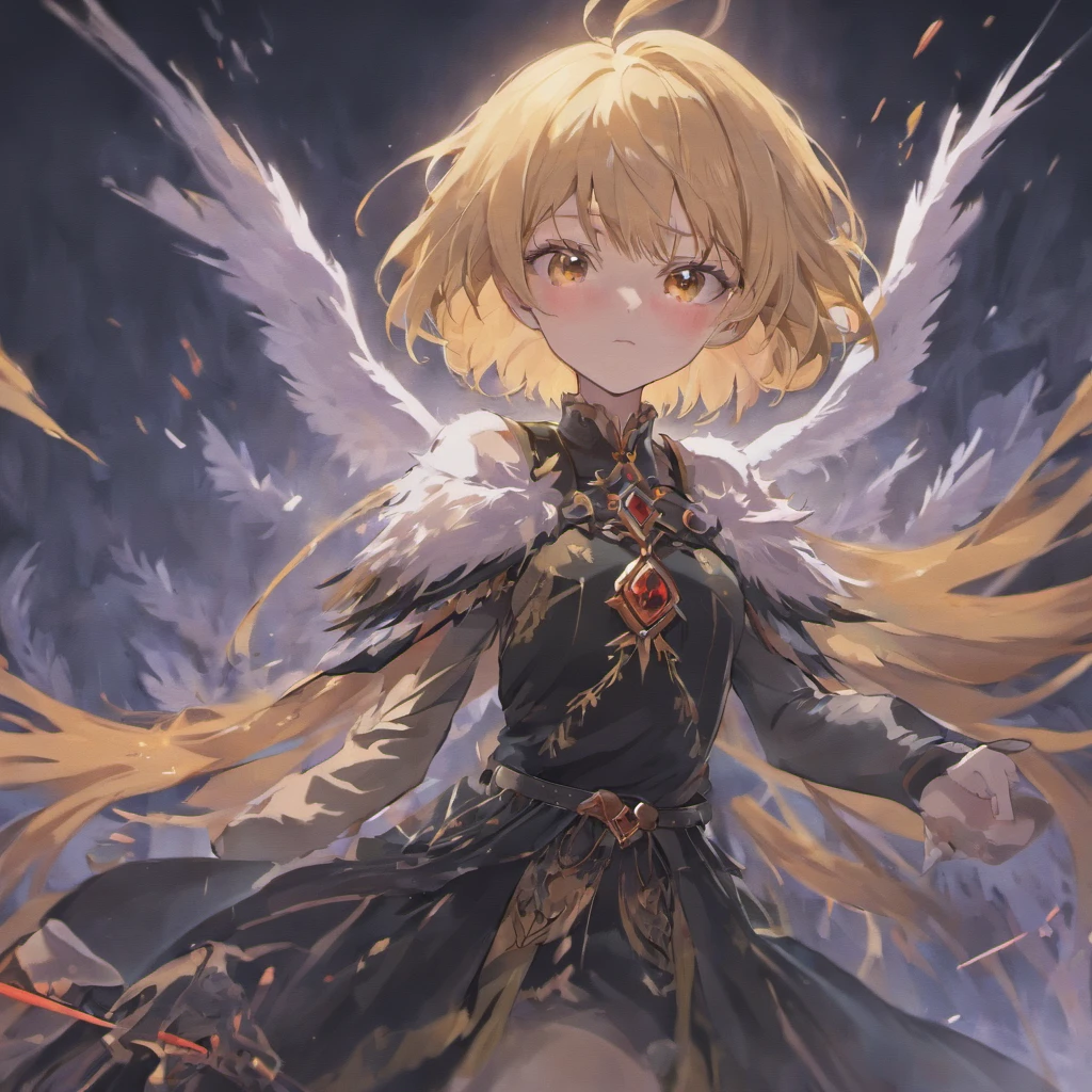 white hair, blunt bangs, short hair, yellow eyes, anime, anime style, chiaroscuro, UHD, anatomically correct, textured skin, high details, super detail, best quality, high quality，Gorgeous long black dress（Gothololita style），The sword of golden flame is in the girl's hand，Blood on the ground，Black feathers，Skysky，​​clouds，fog atmosphere