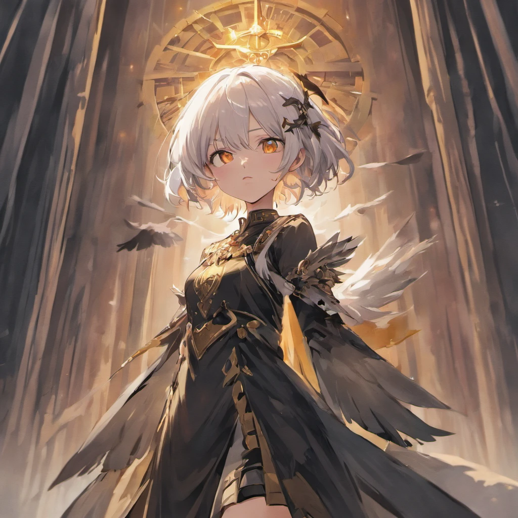 white hair, blunt bangs, short hair, yellow eyes, anime, anime style, chiaroscuro, UHD, anatomically correct, textured skin, high details, super detail, best quality, high quality,Gorgeous long black dress(Gothololita style),The sword of golden flame is in the girl's hand,Blood on the ground,Black feathers,Skysky,clouds,fog atmosphere