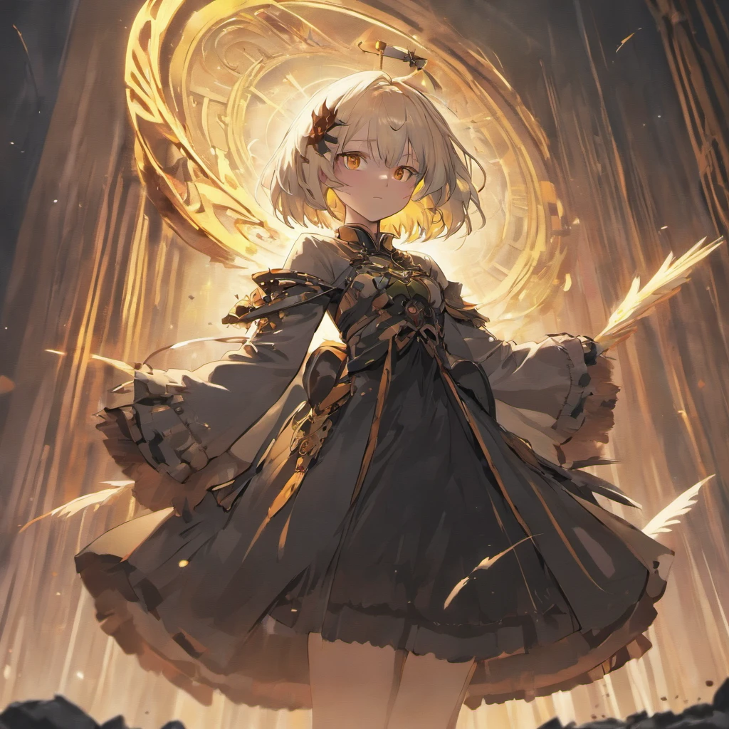 white hair, blunt bangs, short hair, yellow eyes, anime, anime style, chiaroscuro, UHD, anatomically correct, textured skin, high details, super detail, best quality, high quality,Gorgeous long black dress(Gothololita style),The sword of golden flame is in the girl's hand,Blood on the ground,Black feathers,Skysky,clouds,fog atmosphere