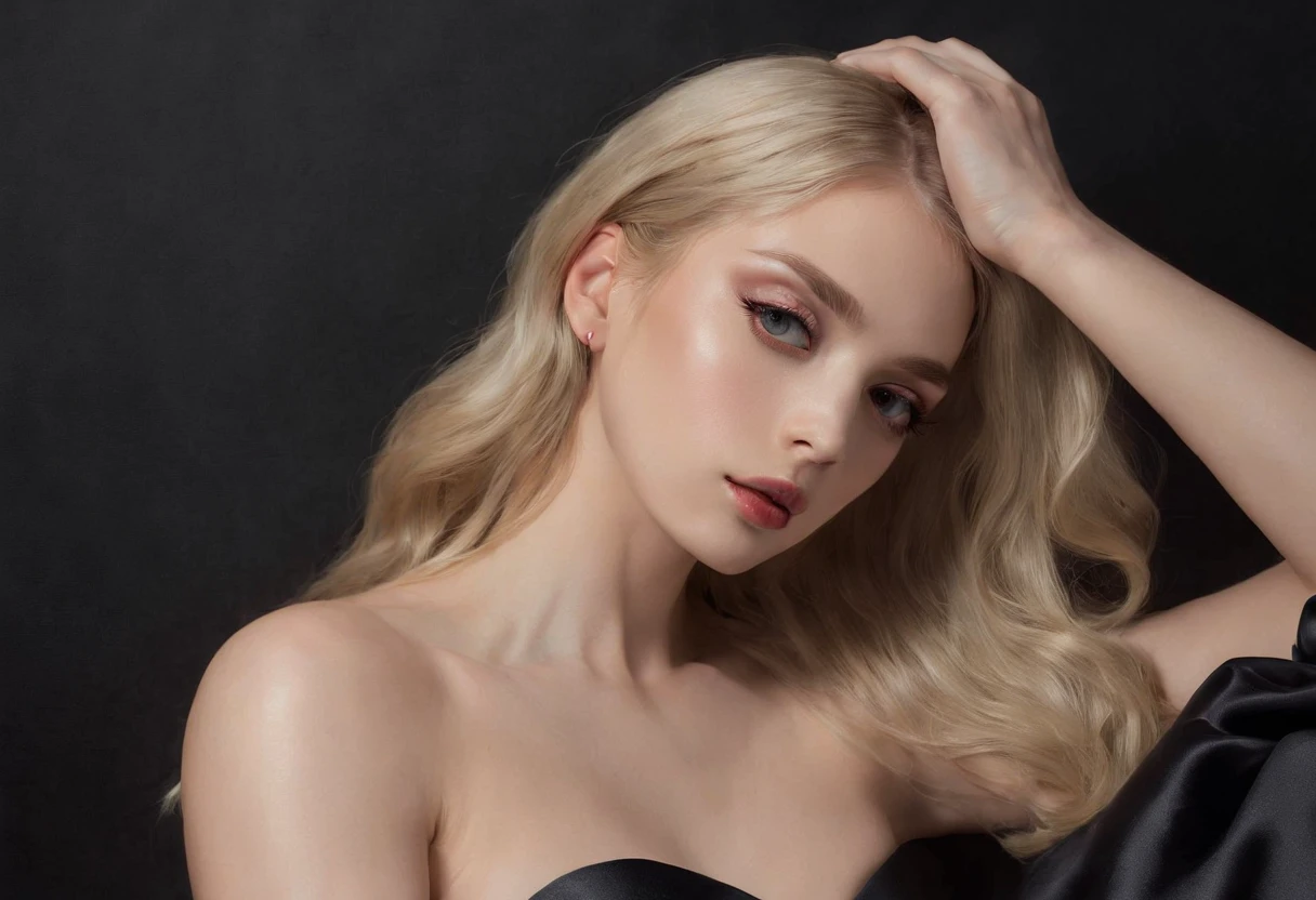 Hermosa chica rubia, 17 years naked lying on black satin fabric, con pelo largo esparcido , posando sensualmente con la cara levantada , mirando de forma sensual, Photographic artwork, por Tora Ness, Mytro, Erro