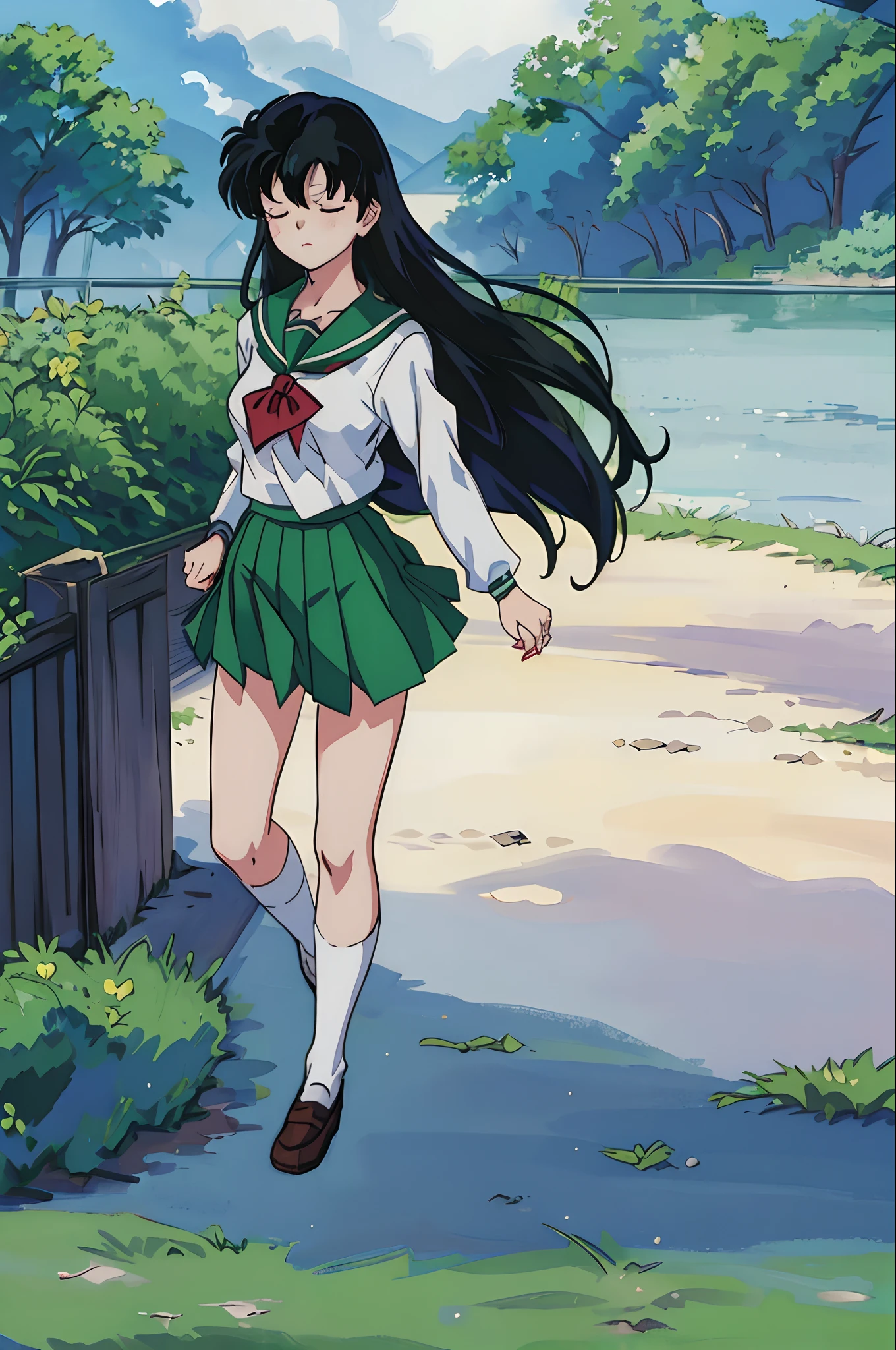 (best quality, masterpiece, highres), kagome higurashi, 1girl, solo, green school uniform, long sleeves, serious, tsundere, closed eyes, scenery, full body