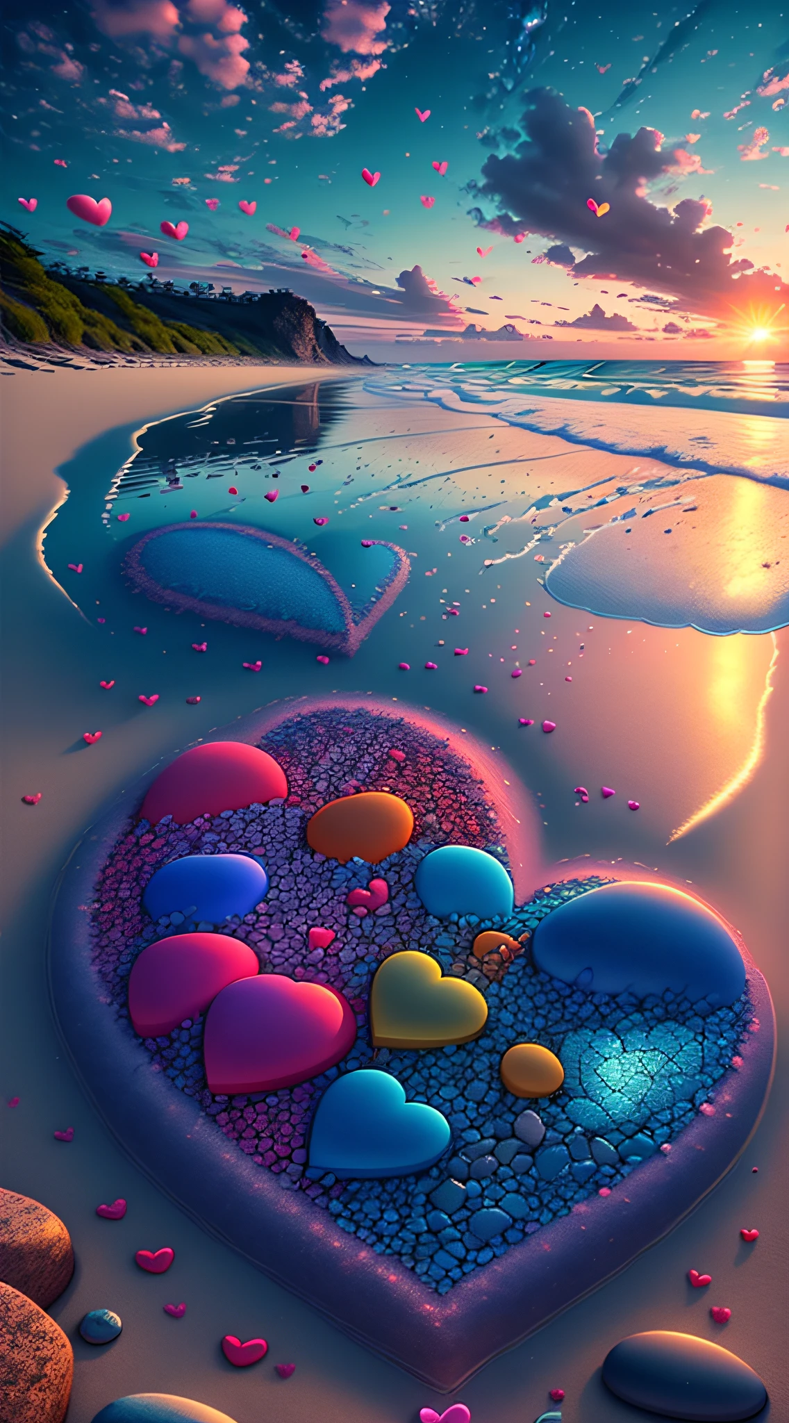 Exquisite scenes，depth of fields，8K，Blue sky，Red clouds，The sun shines on the beach，There are many small colorful stones on the beach，Heart of Love