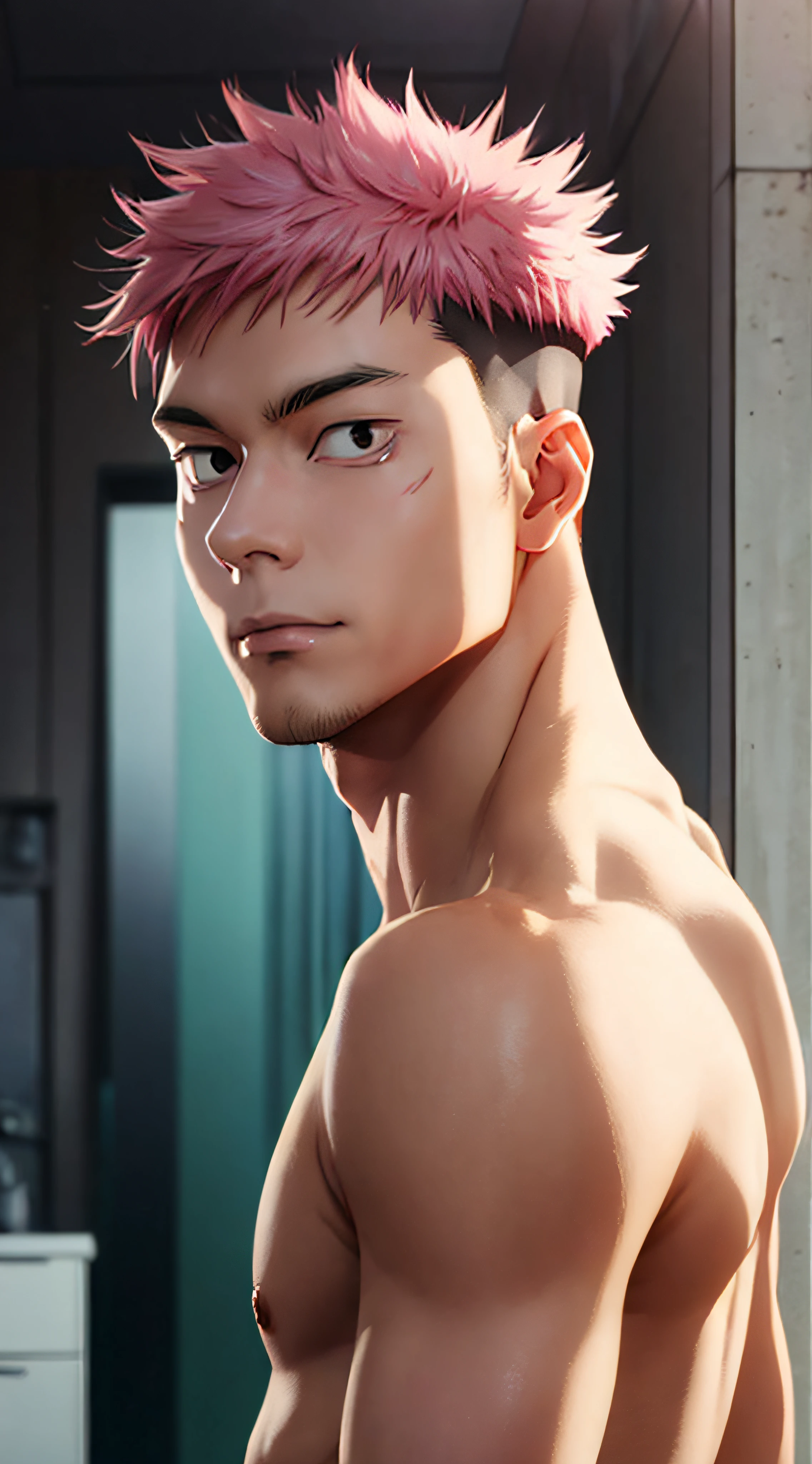 itadori_yuuji, pink hair, undercut, masterpiece, best quality, high quality, 1boy, solo, male focus, looking at viewer, upper body