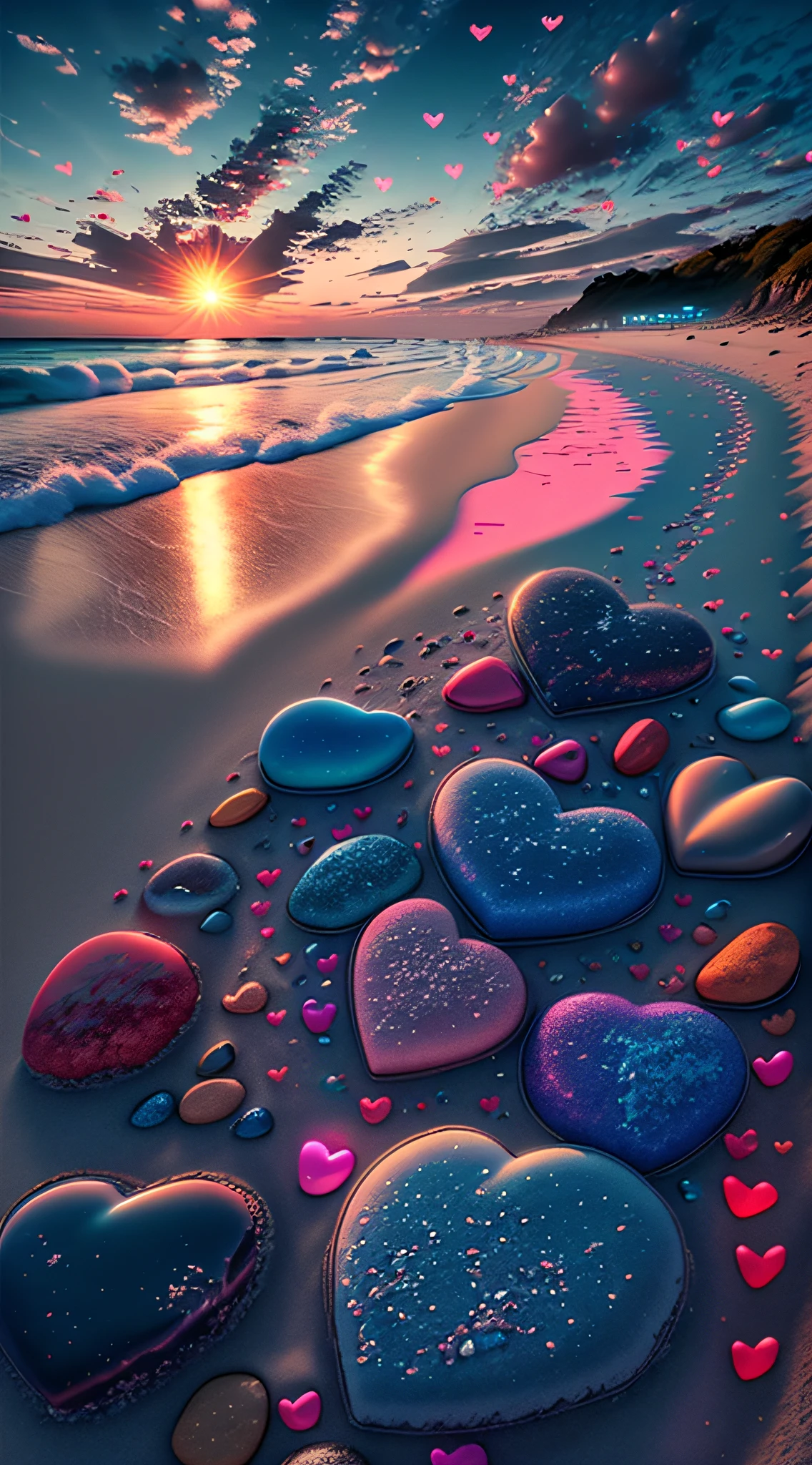 Exquisite scenes，depth of fields，8K，Blue sky，Red clouds，The sun shines on the beach，There are many small colorful stones on the beach，Heart of Love