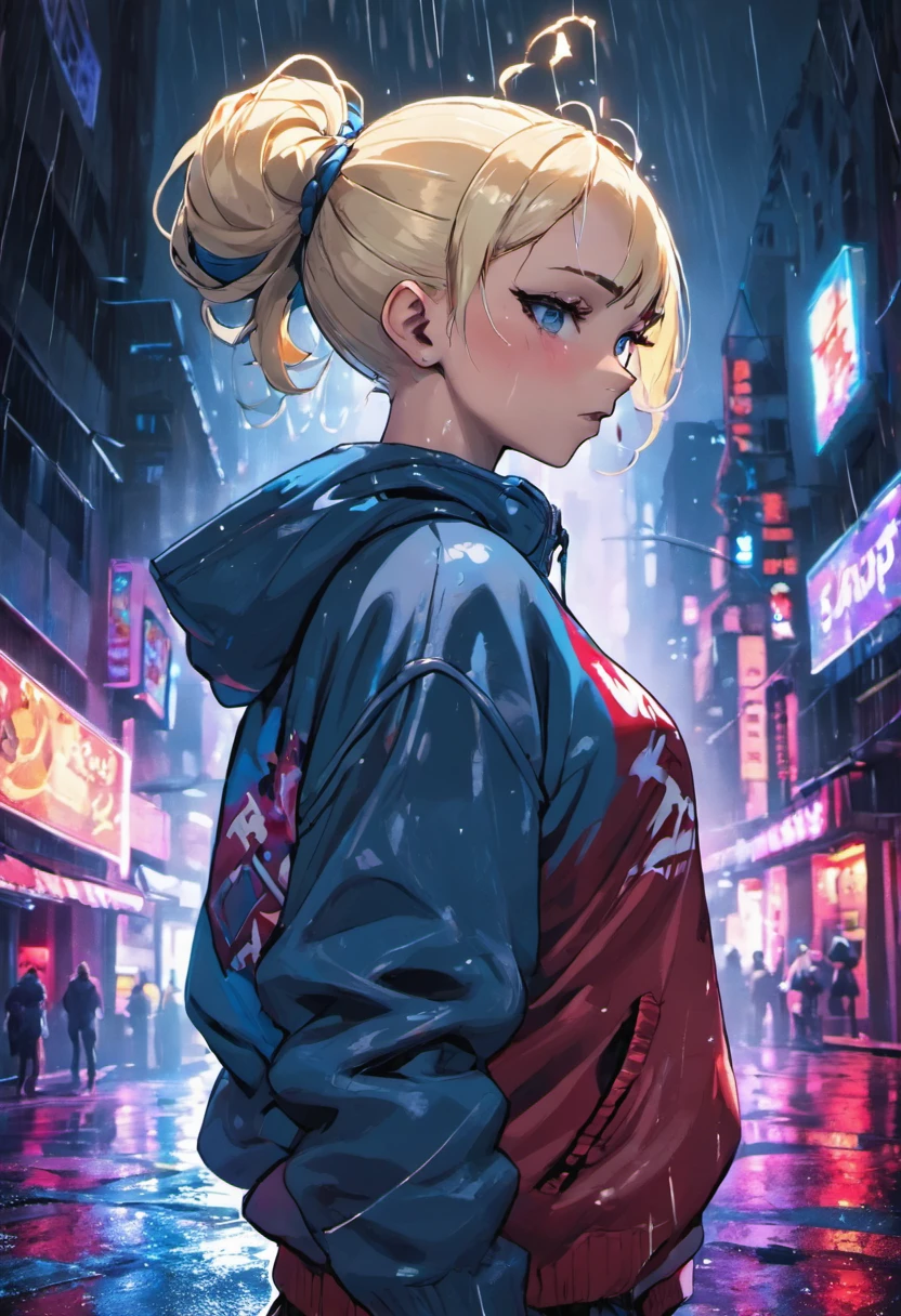 Nahaufnahme Fotografie, Confident young cyberpunk woman with blonde and white hair in a bun, Einen Kapuzenpullover mit roten und blauen Motiven tragen, in a rain-soaked street at night, fotorealistisch, Filmische Beleuchtung