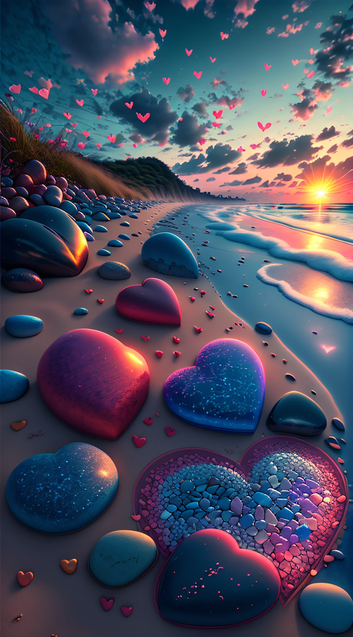 Exquisite scenes，depth of fields，8K，Blue sky，Red clouds，The sun shines on the beach，There are many small colorful stones on the beach，Heart of Love