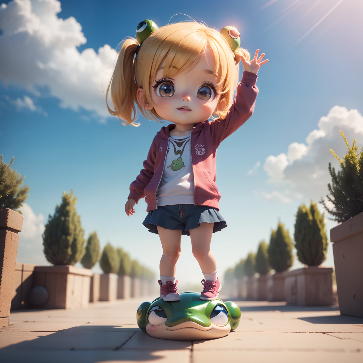 Best Quality), (masutepiece), Charming chibi animation of cute baby with frog-like face, (Chibi 3D): 1.3, (A detailed face:1.2), (Standing posture:1.1), Deep blue sky of morning sun,Jumping