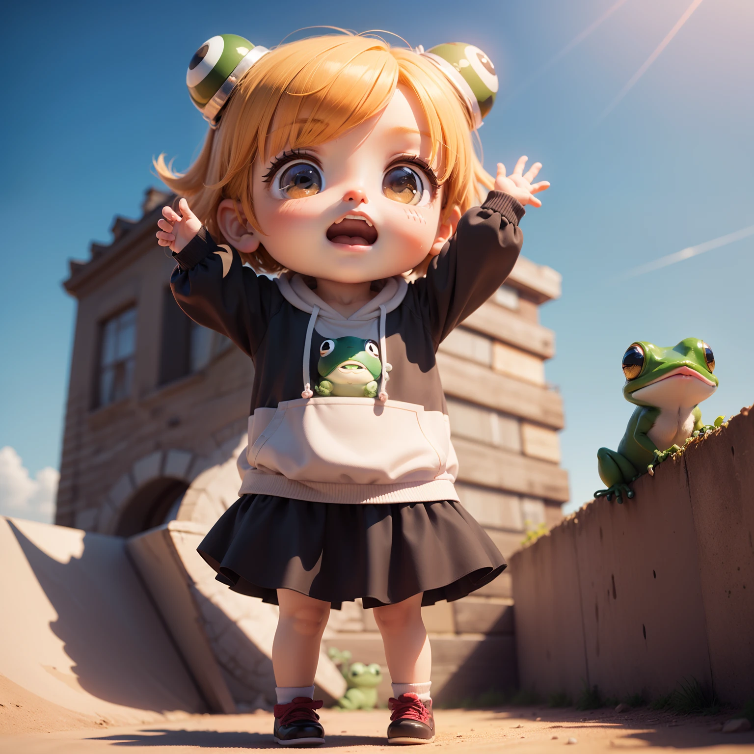 Best Quality), (masutepiece), Charming chibi animation of cute with frog-like face, (Chibi 3D): 1.3, (A detailed face:1.2), (Standing posture:1.1), Deep blue sky of morning sun,Jumping