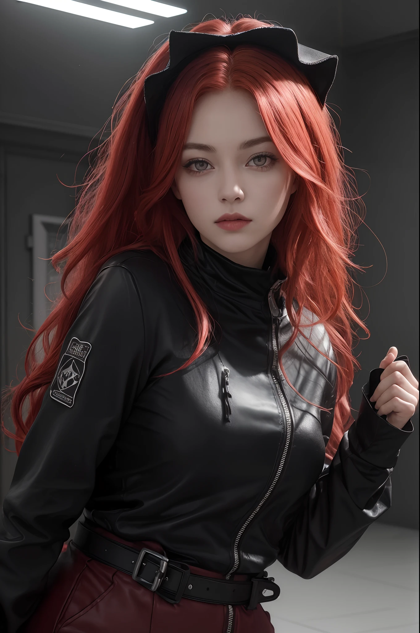 1girls, Sternenauge, flush, Perfekte Ausleuchtung, rotes Haar, Rote Augen, Unreal-Engine, Seitenbeleuchtung, detailliertes Gesicht, Pony, Strahlende Haut, Einfacher Hintergrund, dunkler Hintergrund,