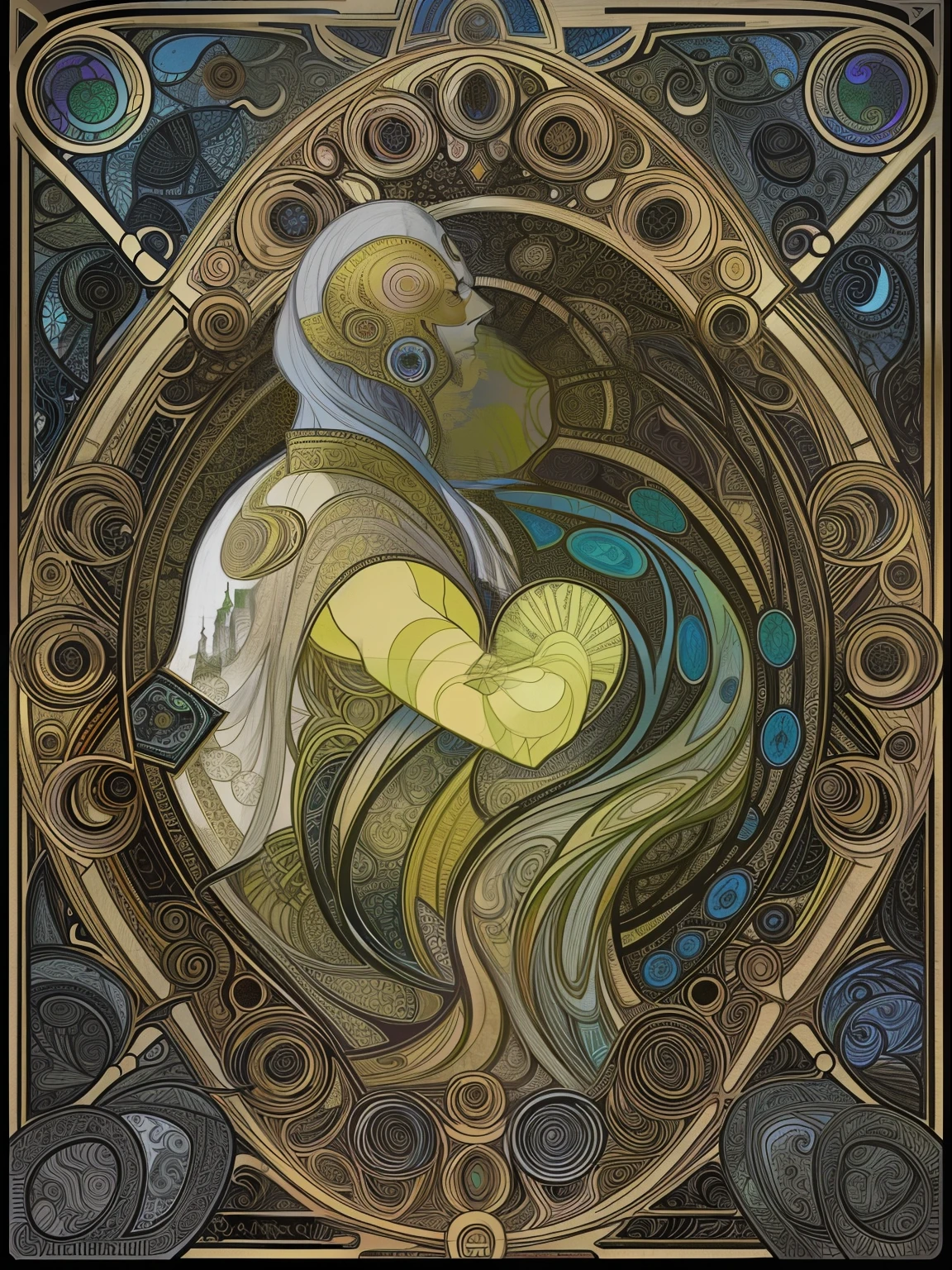 (flat heart:1.1),(Colouring:1.3),(master part:1.2), melhor qualidade, master part, Original, 1 papel de parede muito detalhado de um homem sinistro de traje preto com um arco de luz,fundo de sombrio,tarot card layout,best quality, master part, (Realistic:0.6), realistic lighting,Quadro de fogo negro, decorative panels, abstract art, Alphonse Mucha (tmasterpiece, melhor qualidade, A high resolution: 1.4), um detalhado, Detalhes complicados, 4k,azul, arte de linha, Fibonacci