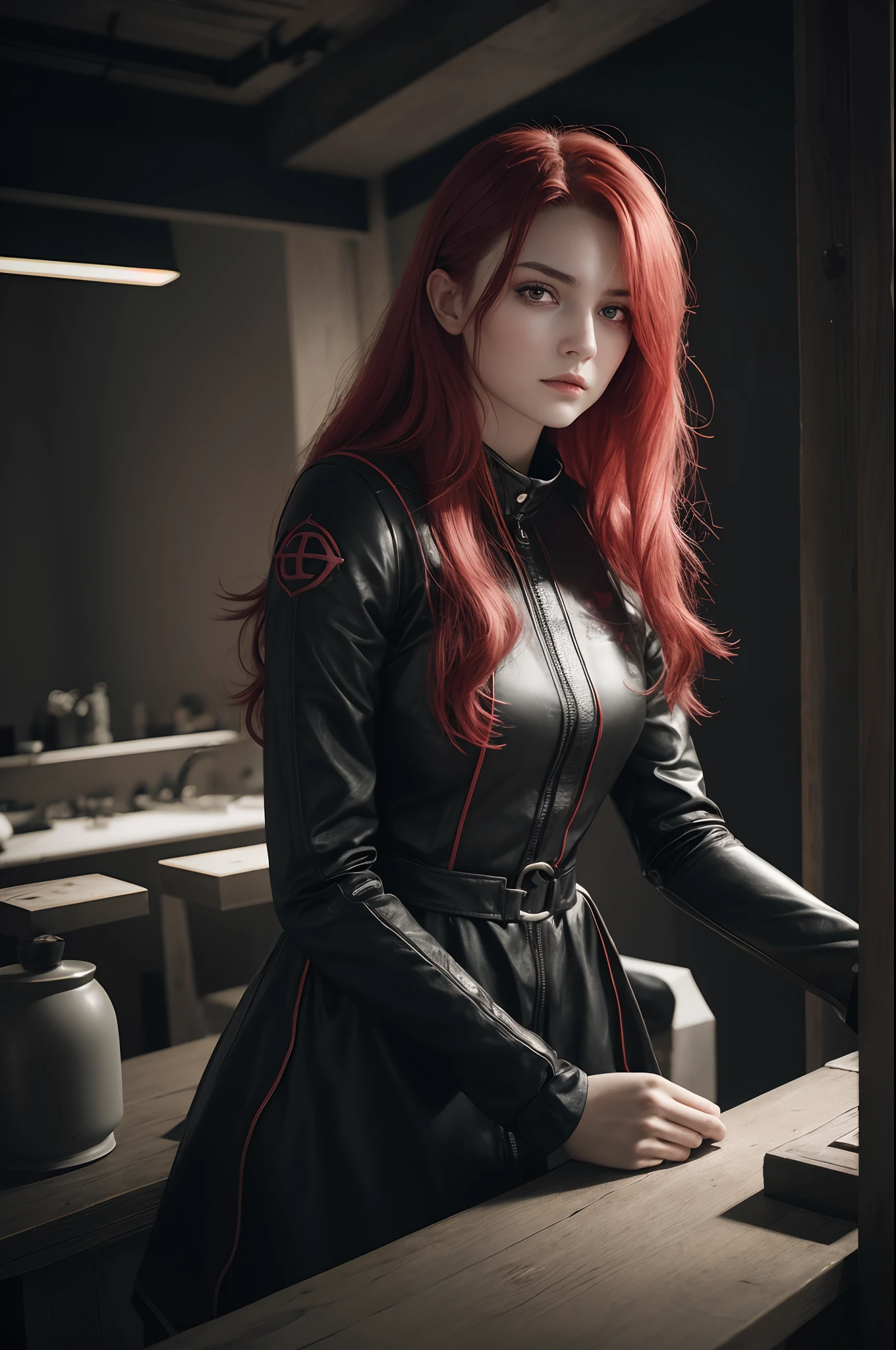 1girls, Sternenauge, flush, Perfekte Ausleuchtung, rotes Haar, Rote Augen, Unreal-Engine, Seitenbeleuchtung, detailliertes Gesicht, Pony, Strahlende Haut, Einfacher Hintergrund, dunkler Hintergrund,