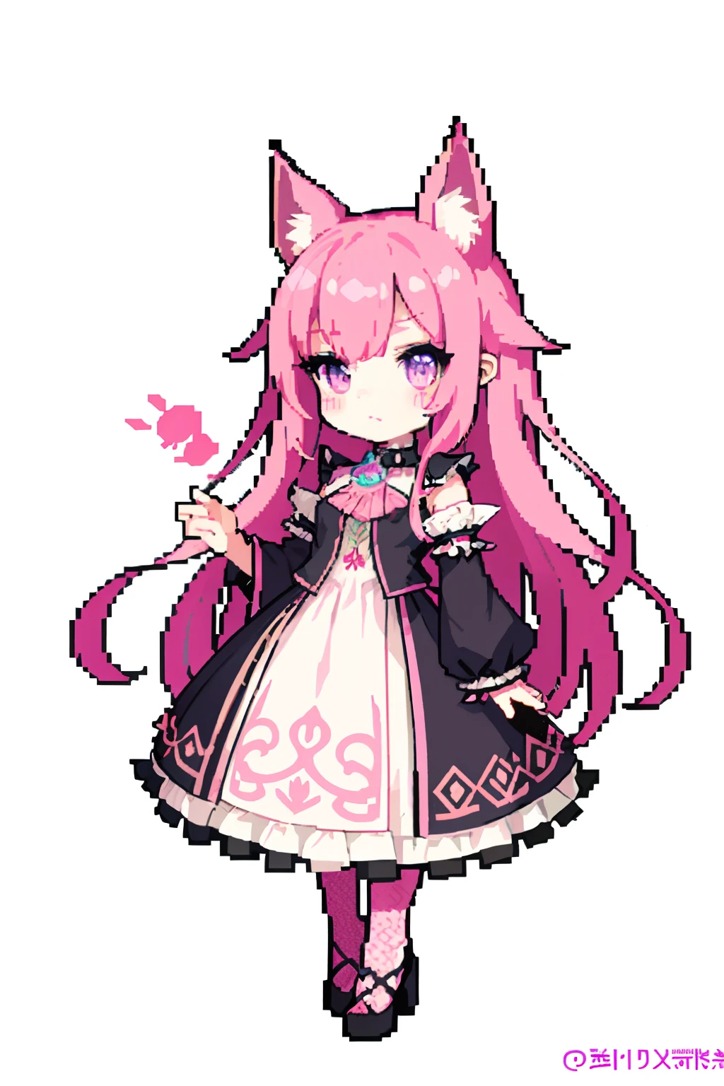 (masterpiece, top quality, best quality), pixel,pixel art,1girl, pink long hair, violet eyes, neko pink ears, red marks in face, sfw, Gothic clothing, black clothes with ornaments, full body, pink cat ears, kawaii cat paws in the background