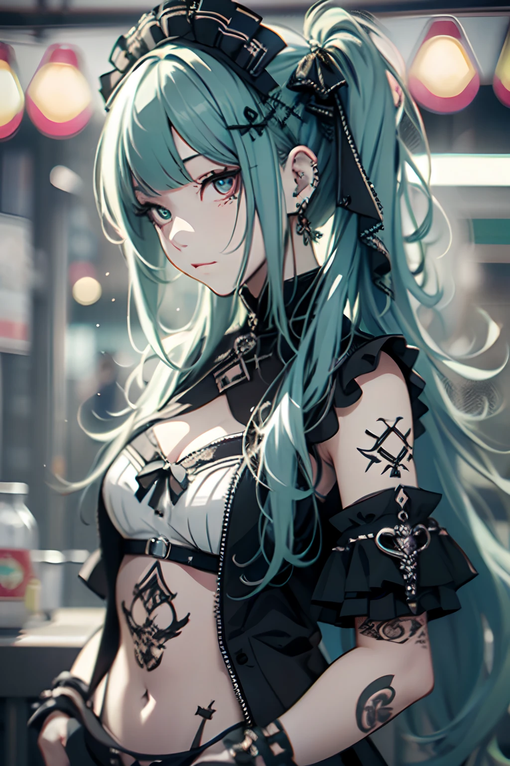 maid clothes、Green hair、miku hatsune、Twin-tailed、piercings、耳Nipple Ring、The tattoo、goth_punk, 1girl in, 独奏,、top-quality, Photorealistic, An ultra-fine illustrations, beautiful attractive anime girl, miku hatsune, Slender body, Tied hair, one girls, a photo of girl, Full body shot, Beautiful blue eyes, Turned,耳Nipple Ring、hair adornments、jewely、