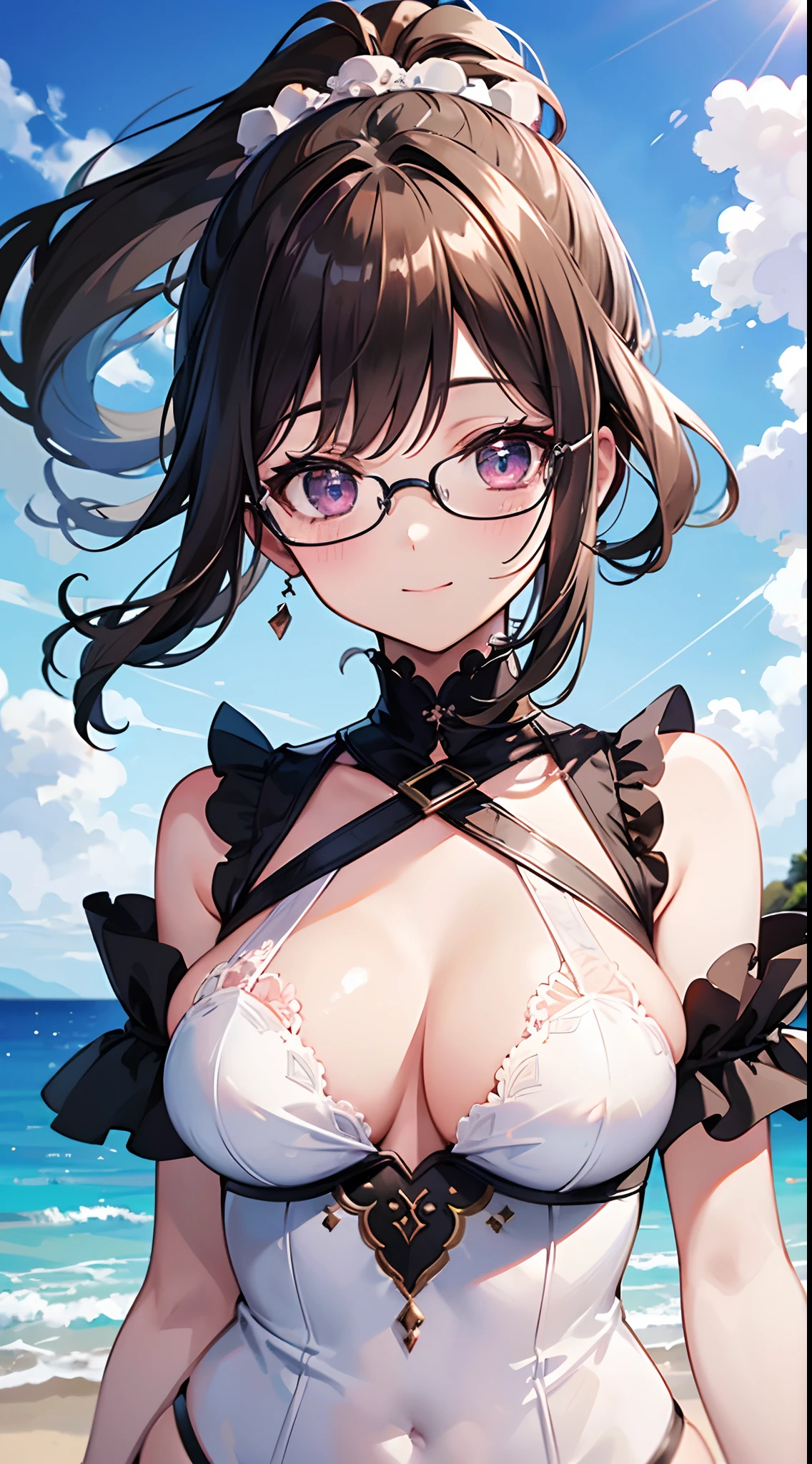 ((masterpiece)), ((best quality)), (ultra-detailed), ((kawaii)), cute, (lovely), ((extremely detailed)), 4K, (8K), best quality, (beautiful), anime style, upper body, focus on the face, ocean, seaside, beautiful sky, morning, a cute girl, 1girl, solo, one-piece dress, beautiful dark brown hair, beautiful purple eyes, ((beautiful eyes with highlights )), white-skinned, ponytail, transparent hair, translucent hair, large breast, garter belt, glasses, light smile, sparkling effect, wind effect, reflection effect