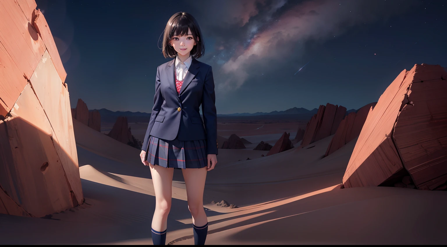 masutepiece, Super Detail, High quality, awardwinning, 8K, (girl), Solo, Smiling, japanese hight school uniform, (All formal jackets are dark navy blue), White shirt, Short skirts are plaid, Socks are dark navy, Theme color is dark navy, Subcolor is white, Full body shot, Standing on the surface of Mars, Reddish rocky desert, Wide Red Desert, At night, Starry sky, Milky way, Detailed fingers, scientific fiction