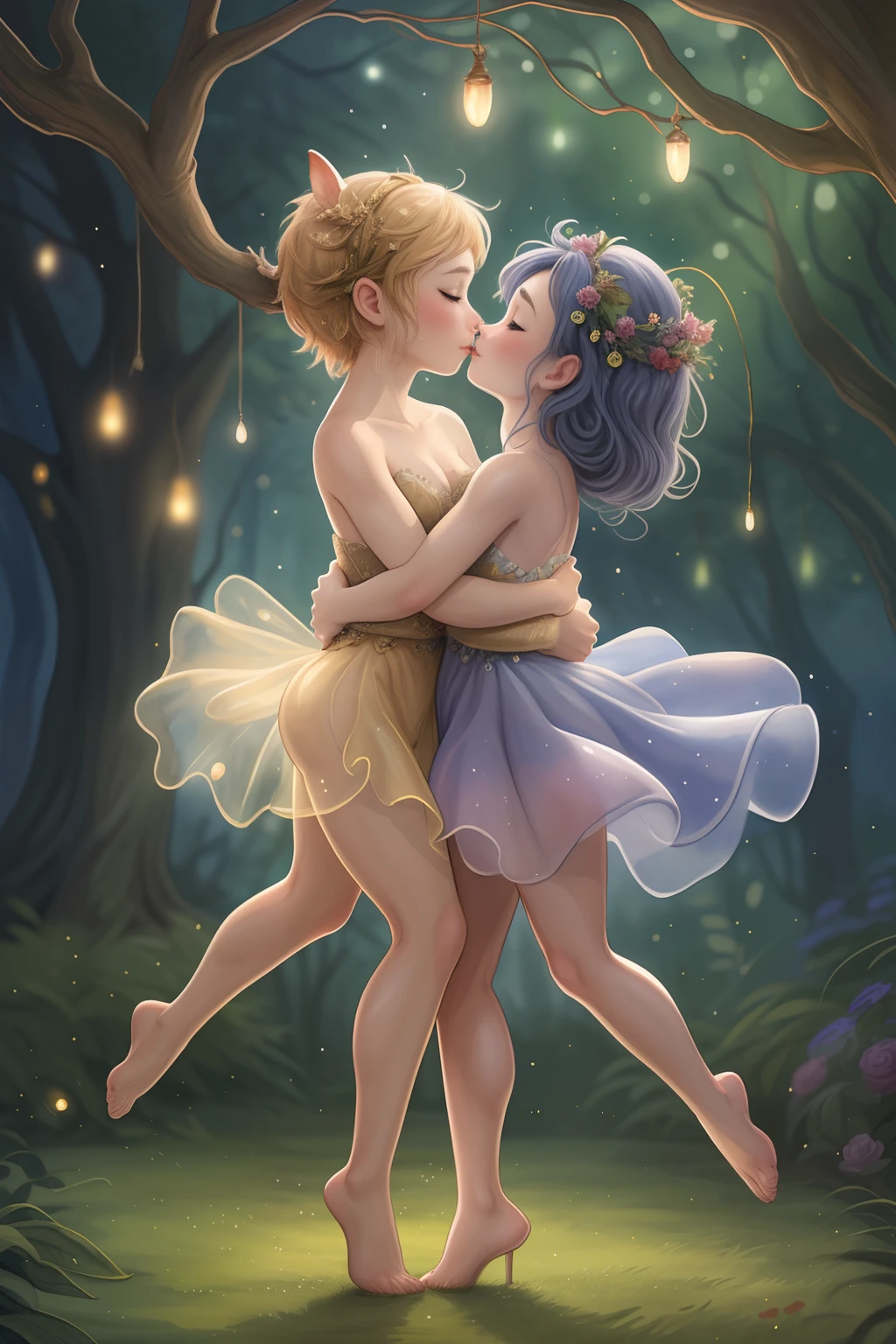 Masterpiece, watercolor: A passionate dance between two elongated miniature tinkerbells (similar to Elodie Guipaud and Celina Ralph) on a branch of an oak tree, dew droplets, illuminated by a single glowing firefly. Fairytale-like atmosphere. Soft, tender. Bokeh. In the style of Josephine Wall and Takashi Murakami and Boris Vallejo.