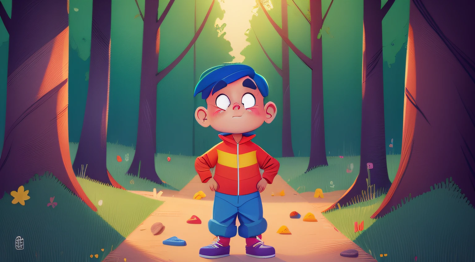 cartoon image, vibrant colors, A 4--old named Tommy was known for being curious and fearless. He loved exploring the forest and had a very strong sense of justice. One day, Tommy noticed that his neighbors' houses were running out of food.