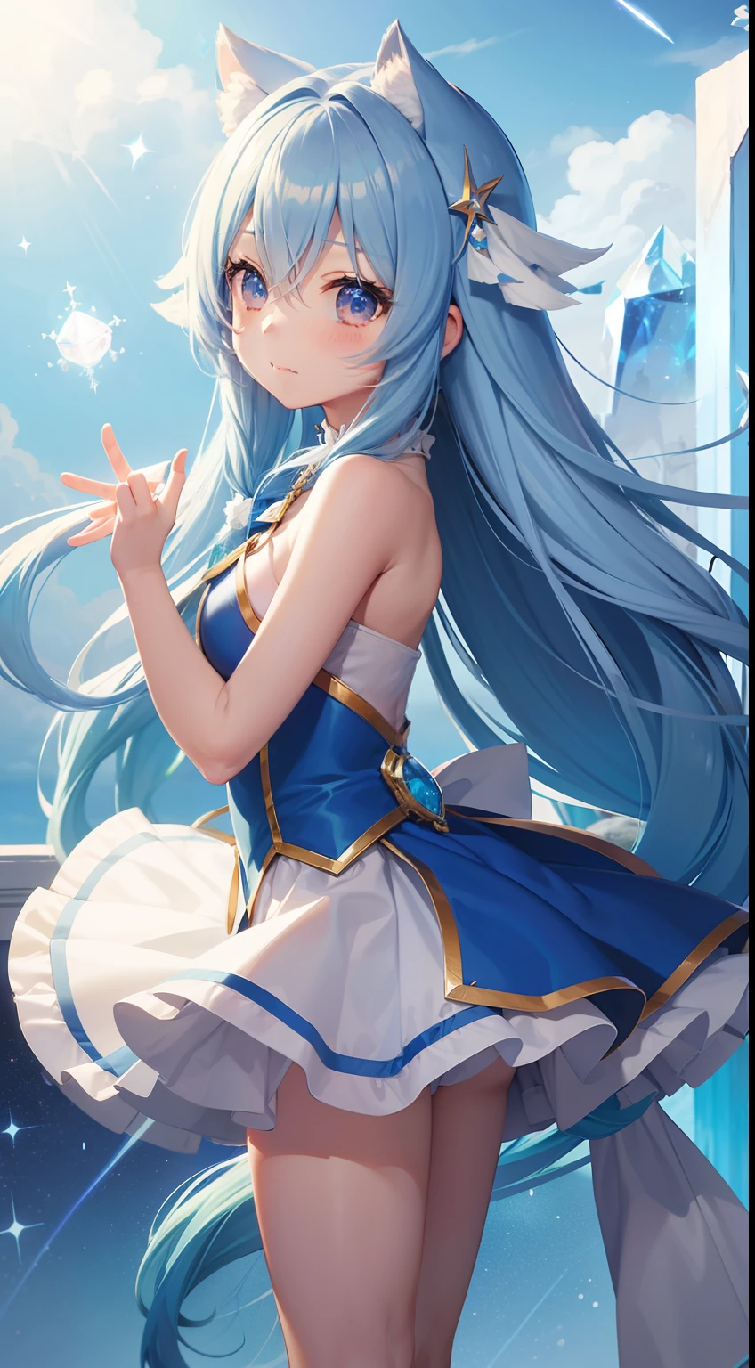 Chibichara、long hair with blue hair、Fluffy Dodge、girl with((Chibi Chara))、Engaging pose、Blue and white costume、Fantasia、Luminous Crystal、Crystal jade、constellation、a moon、Fantastic background、masutepiece