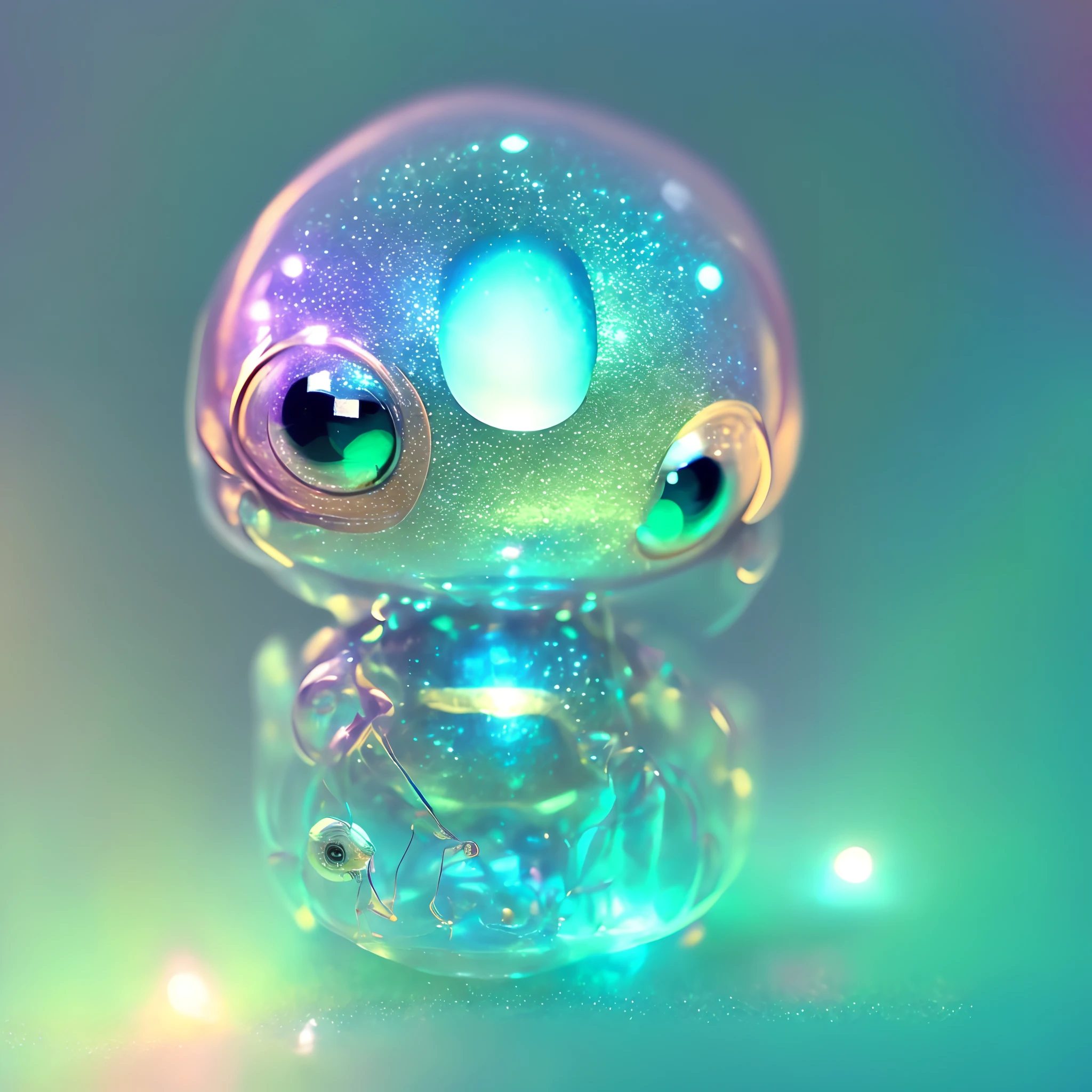 adorable translucent little alien creature resting in a human's front pocket, extremely cute, huge endearing eyes, shimmering ✨ sparkling, inner glow, magical, mystical, otherworldly, gorgeous mesmerizing macro photography