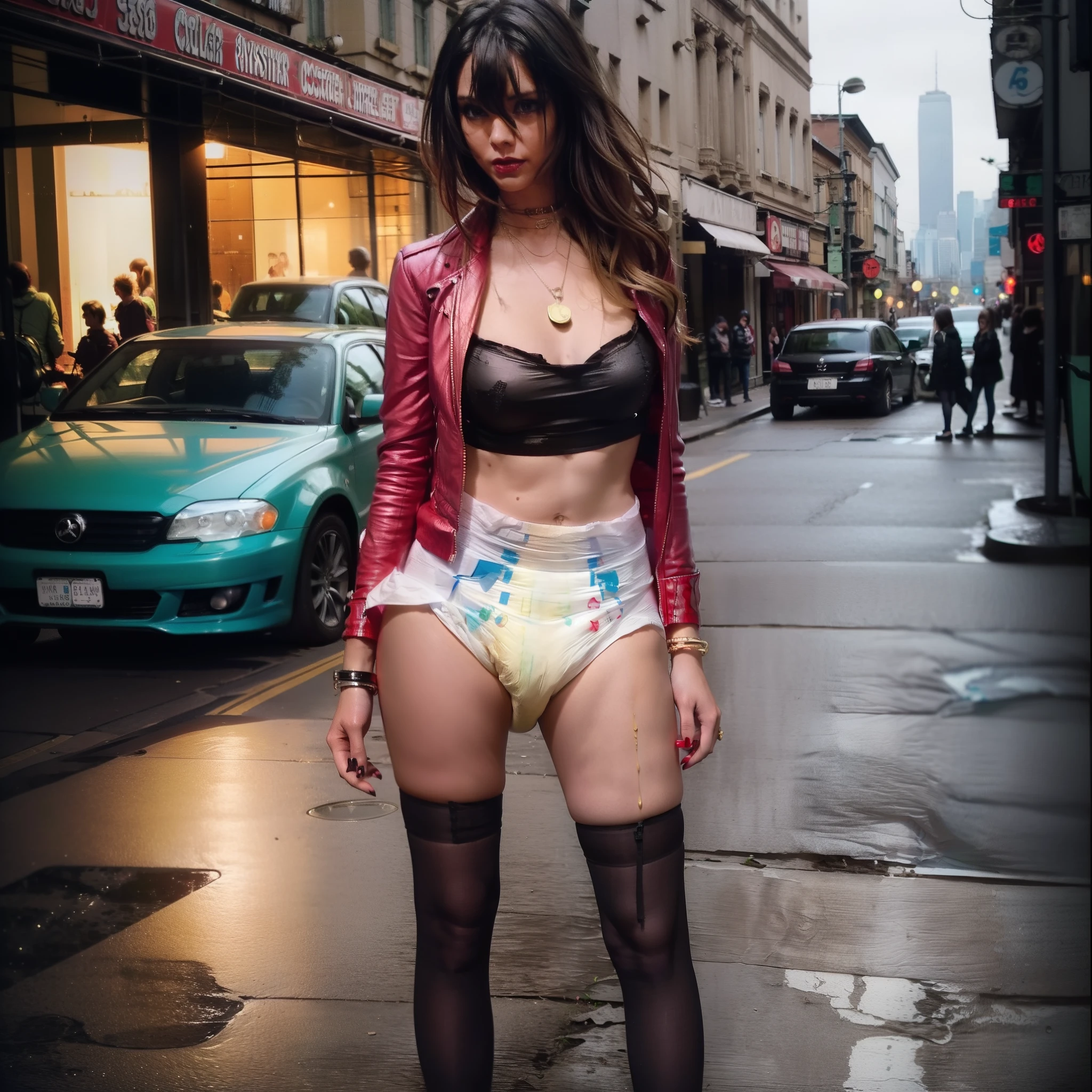 (masterpiece, top quality, best quality, highly detailed:1.2), colorful, 1girl, solo, photo of a sexy woman posing seductively on the street corner in a soiled diaper, city, outdoors, standing, diaper, black diaper, wet diaper, soggy diaper, messed diaper, diaper mess, hypermessing, connerie stain, faded wetness indicator, thigh high heels, black hair, green eyes, smirking, golden braclet, red biker jacket, revealing white crop top, stockings, jade ring, red lipstick, night, neon lights, city