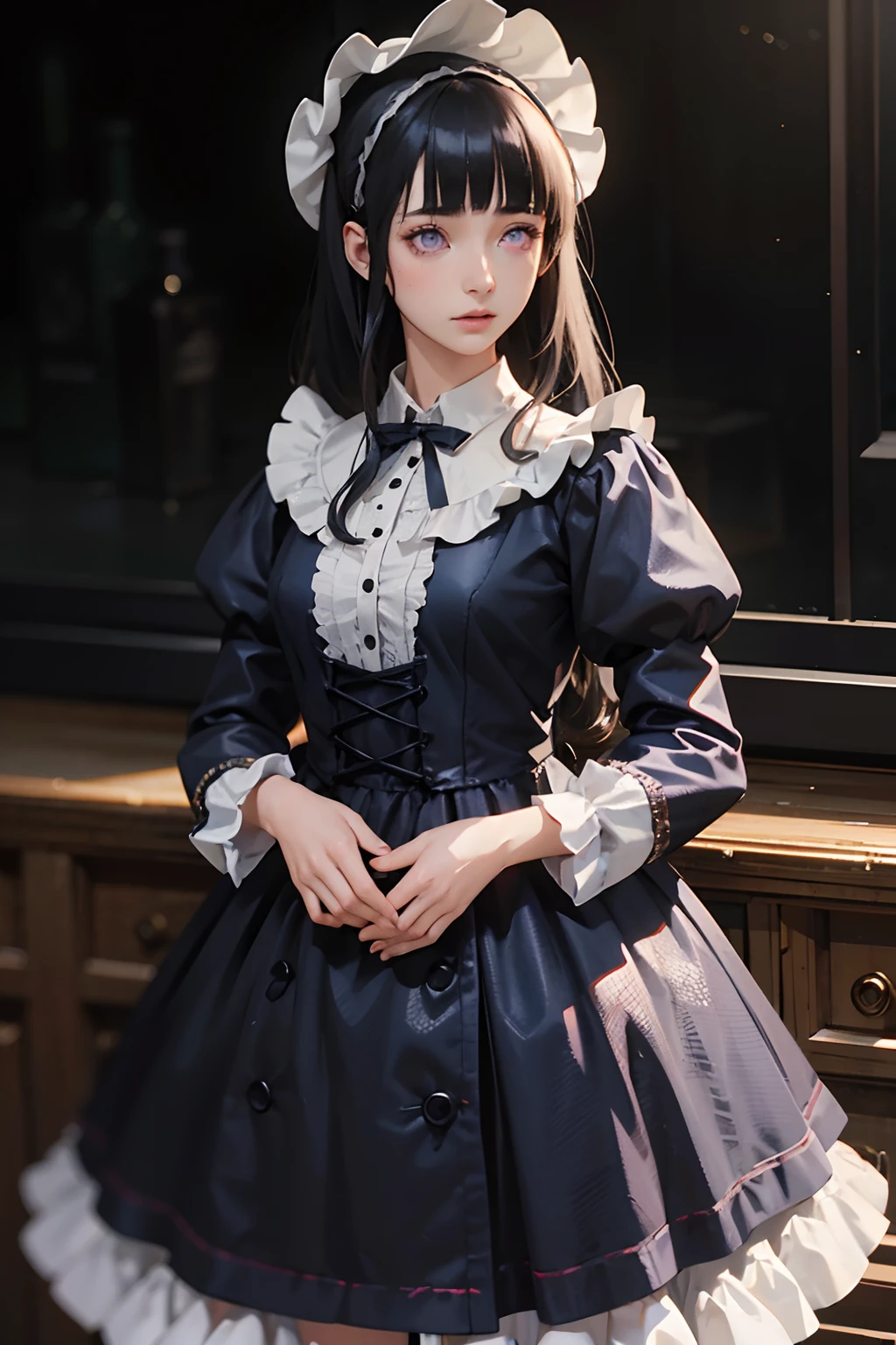 cosplay,pov,natural lighting,1girl,solo,
lolita_dress,standing,bonnet,
crowd,cosplay,blur,blurry,blurry background,nsfw,
Insanely Detailed,Art by Gregory Crewdson,Yoji Shinkawa,Guy Denning,James Jean and Liz Gael,Ink Drip,Paint Splatter,((Chiaroscuro)),((((Textured)))), Blunt Bangs, long wavy dark blue hair, purple eyes