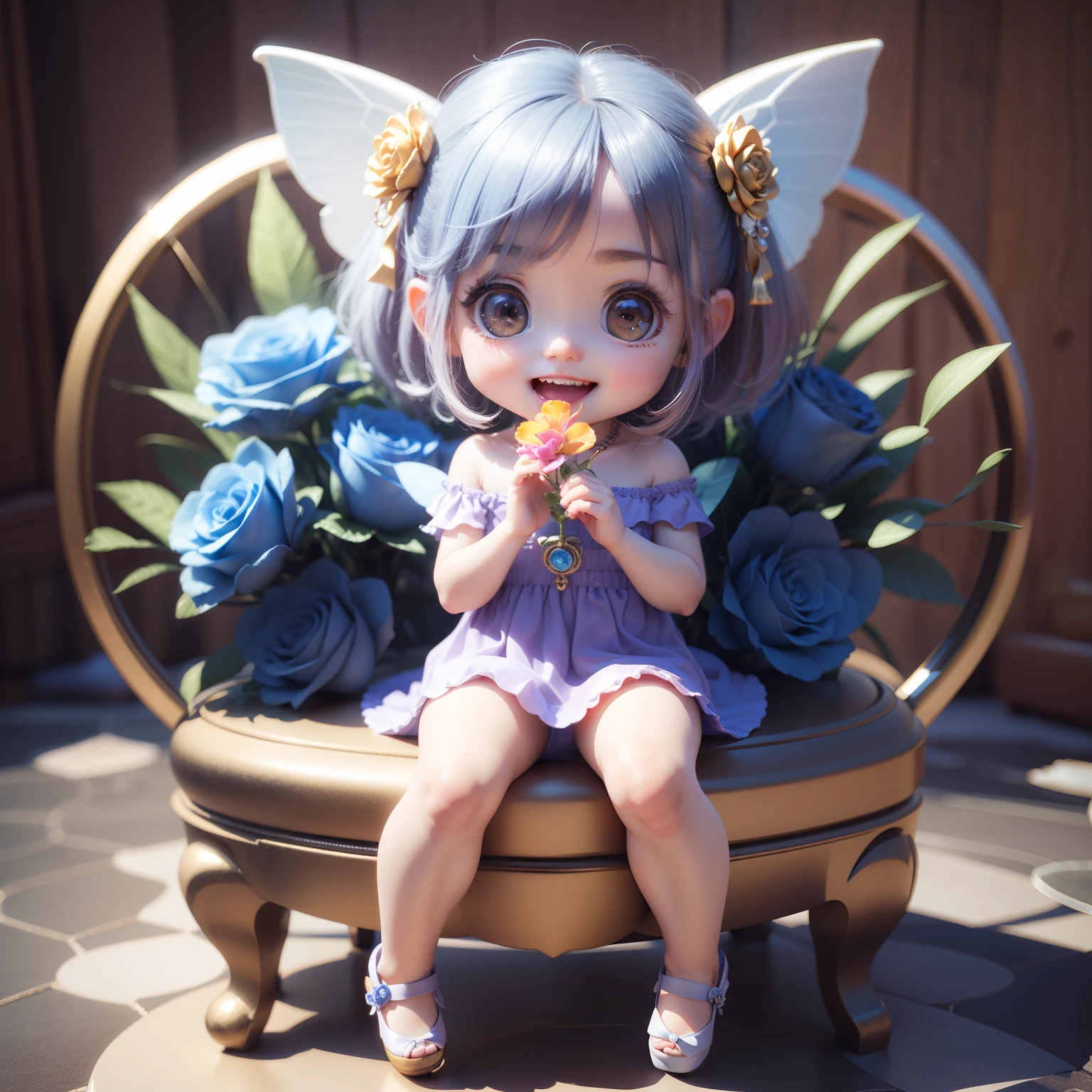 Cute  Chibi Anime,(((Chibi 3D))) (Best Quality) (Master Price)、Chibi Fairy、Sitting on a blue rose flower、specimen、houseplant、Open your mouth and smile、Jewelry Decoration Costumes、A detailed face