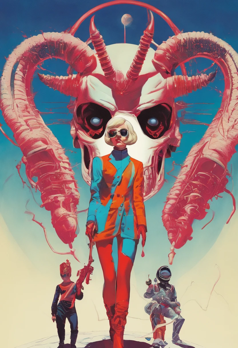 three children with guns and horns are standing in front of a white background, an album cover by Ottó Baditz, flickr, dada, saturno butto, red horns, alternate album cover, saturno butto. occult art, album art young thug, 3 heads, pitchburn devils!, ffffound, pitchburn devils, official artwork, devils horns